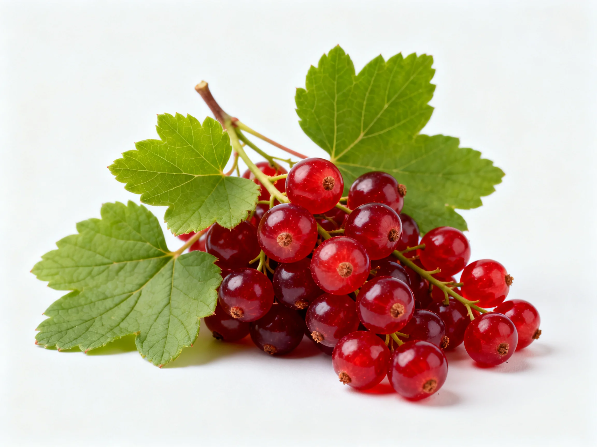 A cluster of vibrant red currants with lush green leaves