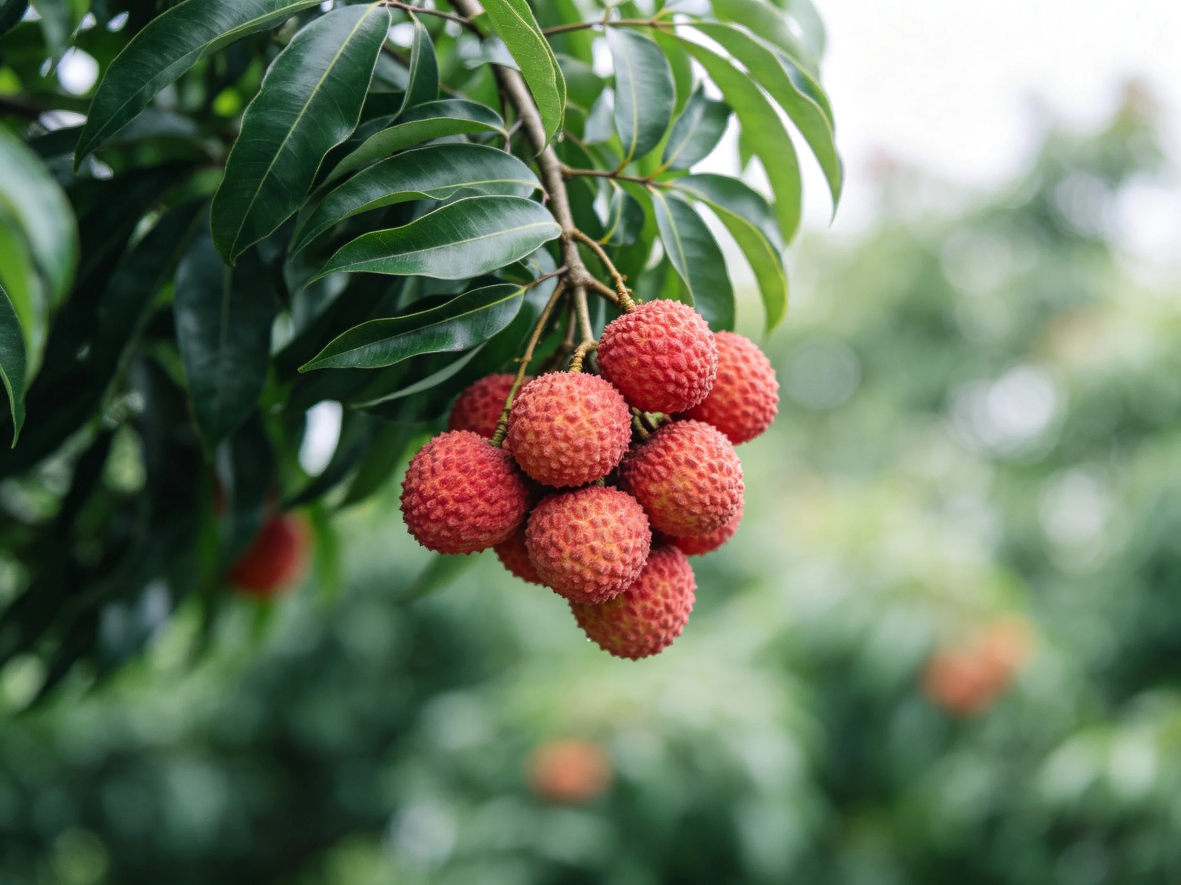 A cluster of vibrant red lychees hangs from lush green foliage