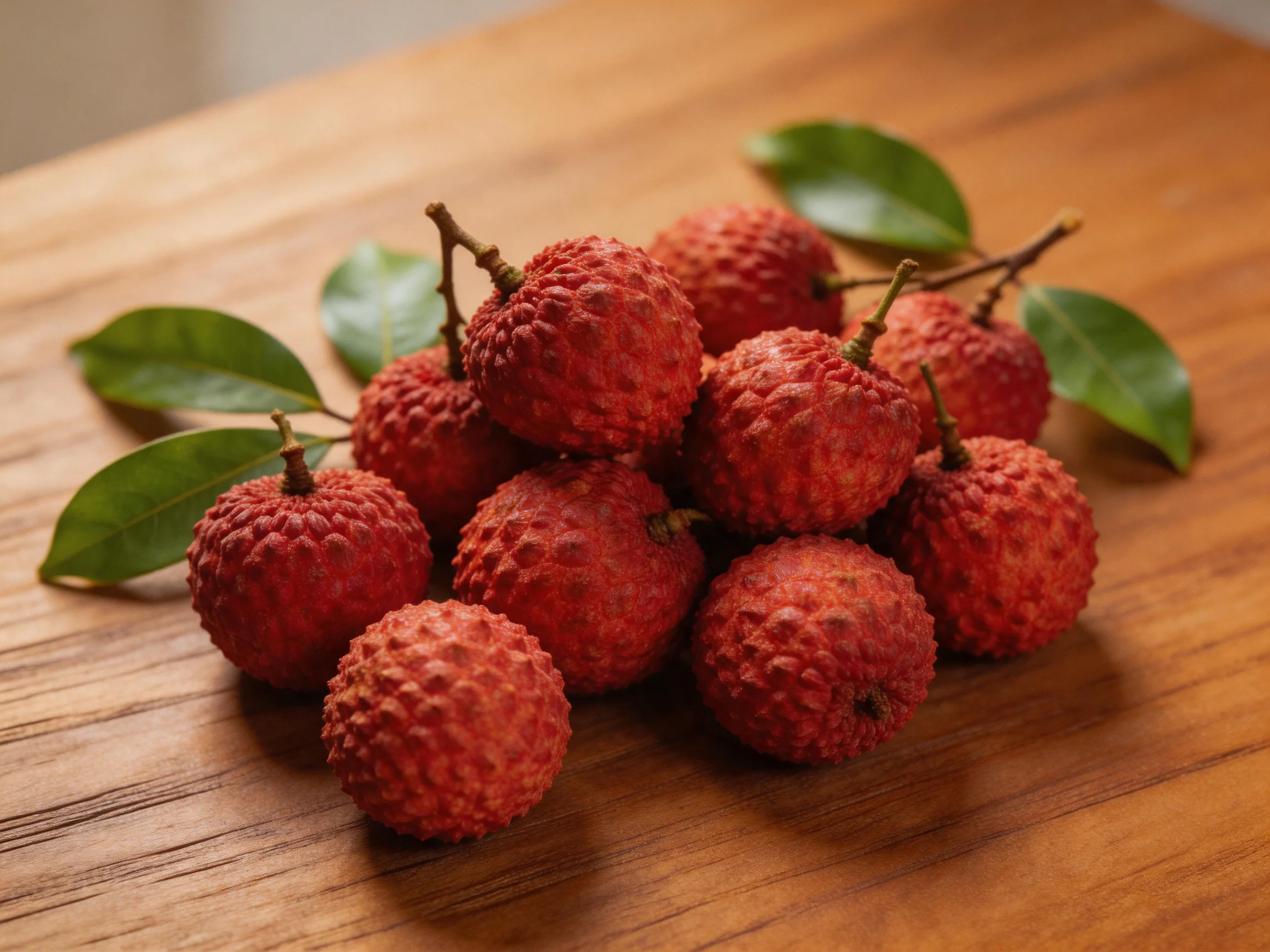 A cluster of vibrant red lychees with green leaves on a wooden surface