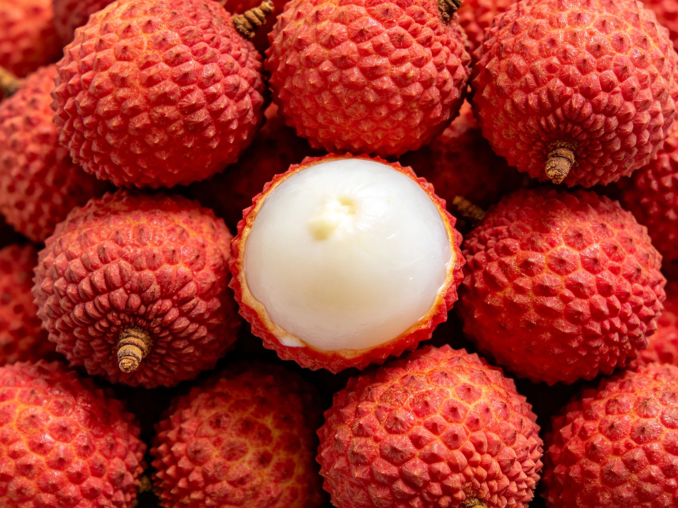 A cluster of vibrant red lychees with one fruit cut open