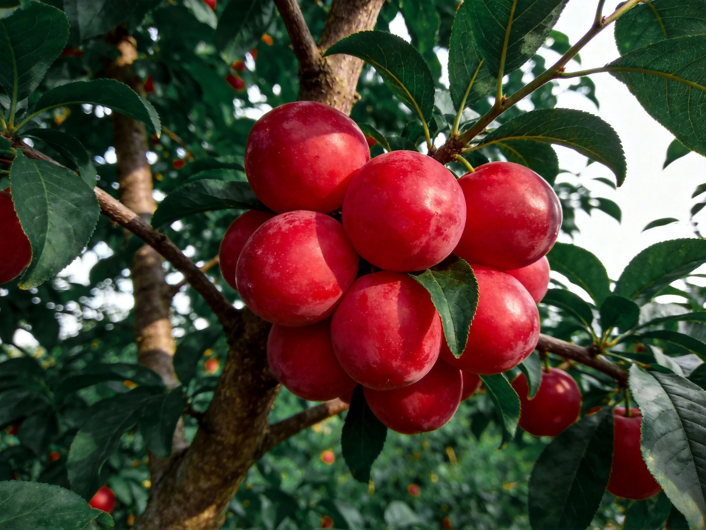 A cluster of vibrant red plums hangs from a leafy tree branch