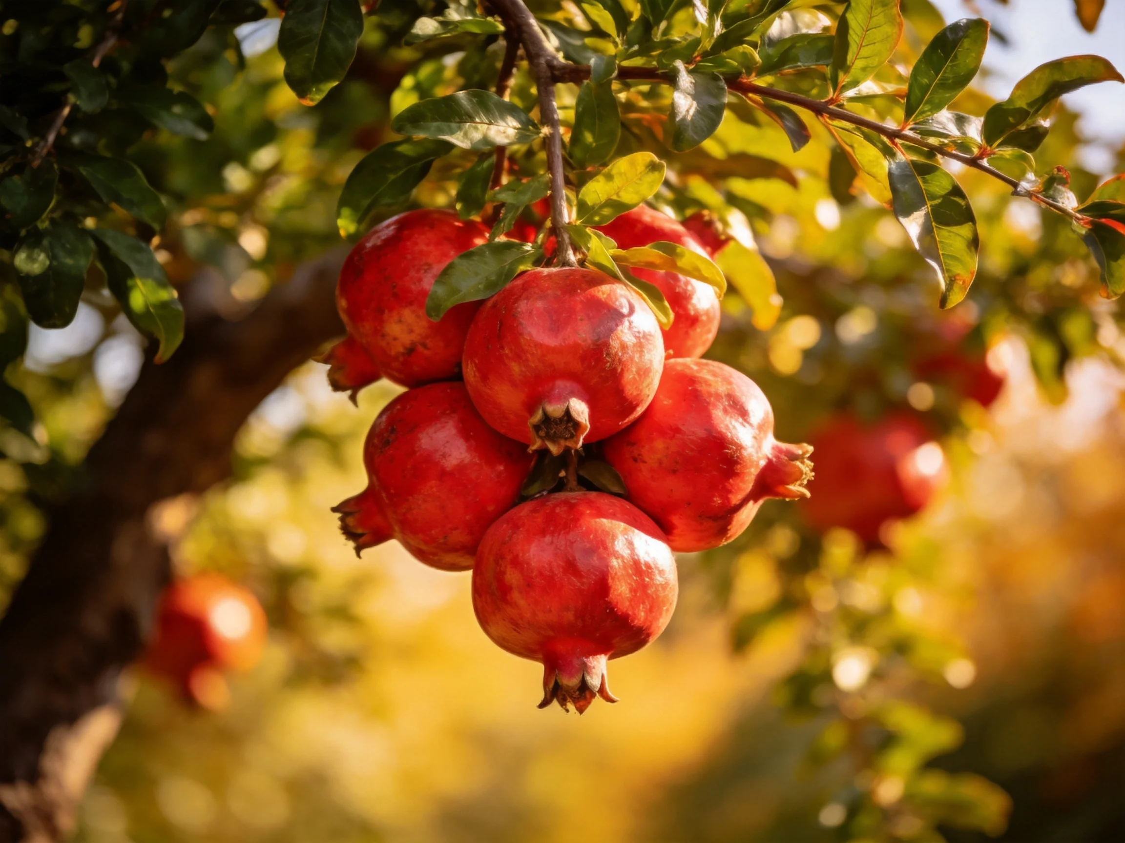 A cluster of vibrant red pomegranates hangs from a leafy tree branch