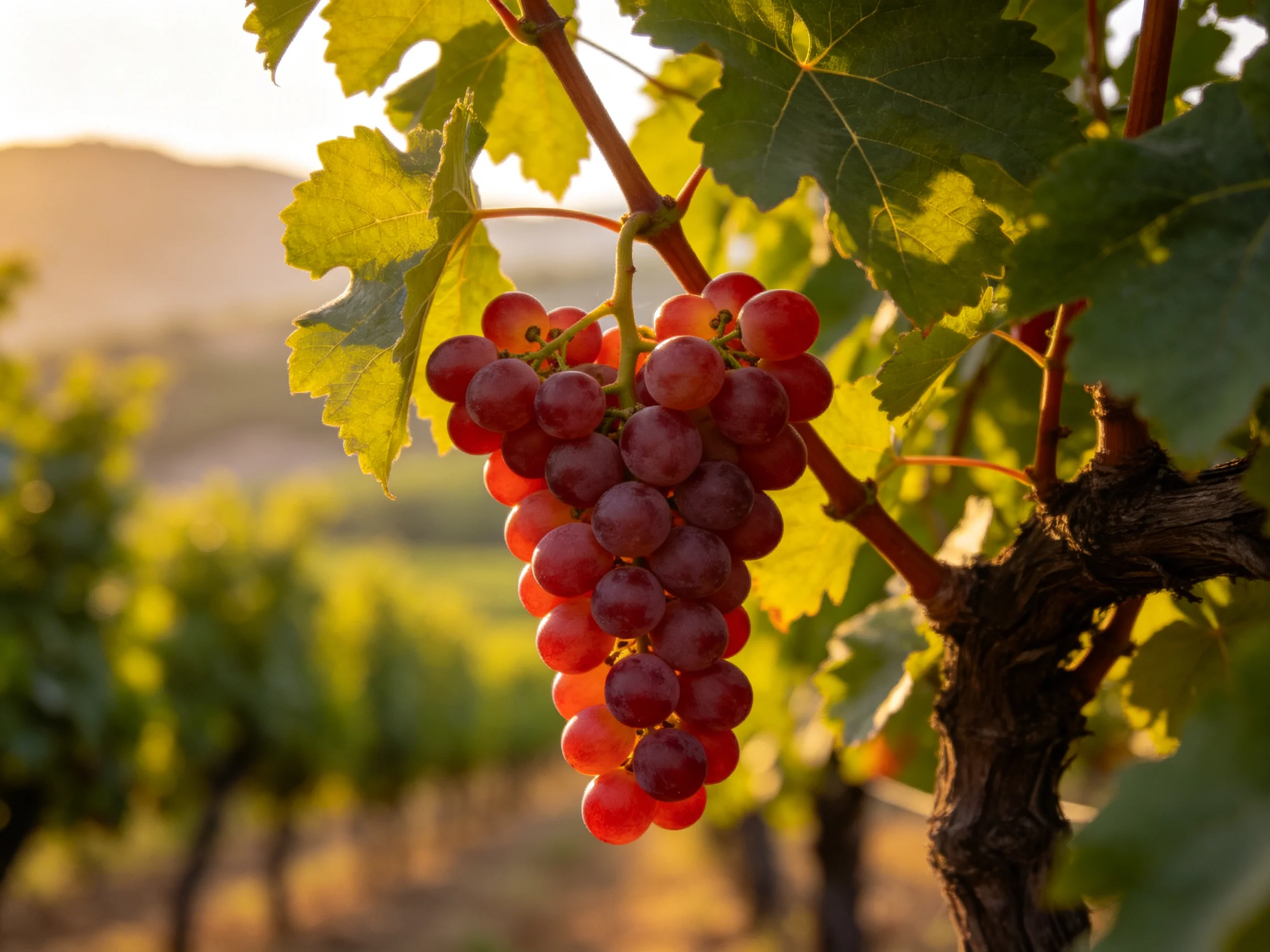 A cluster of vibrant red-purple grapes hangs from a vine in a sunlit vineyard