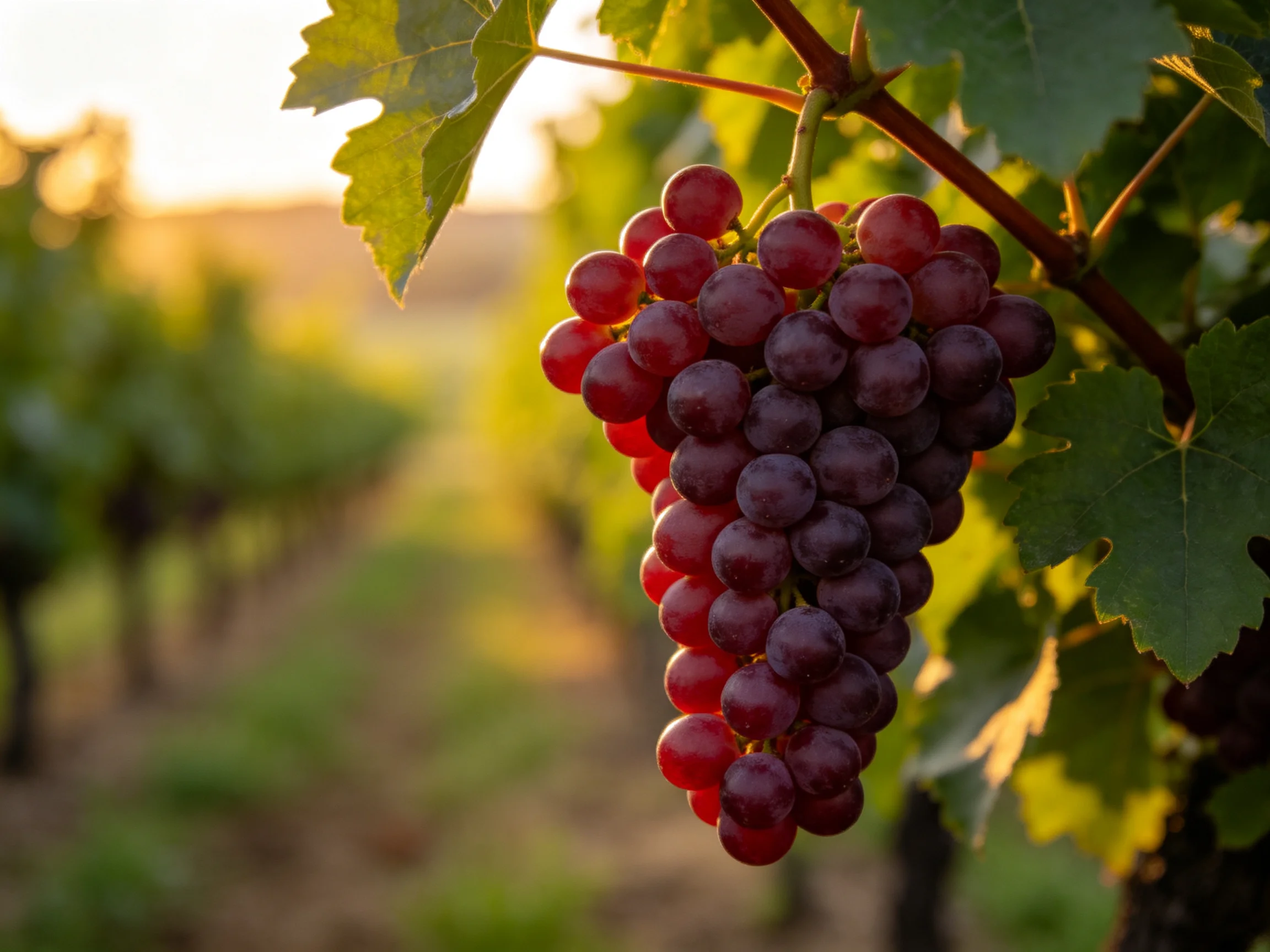 A cluster of vibrant red-purple grapes hangs from a vine in a sunlit vineyard.