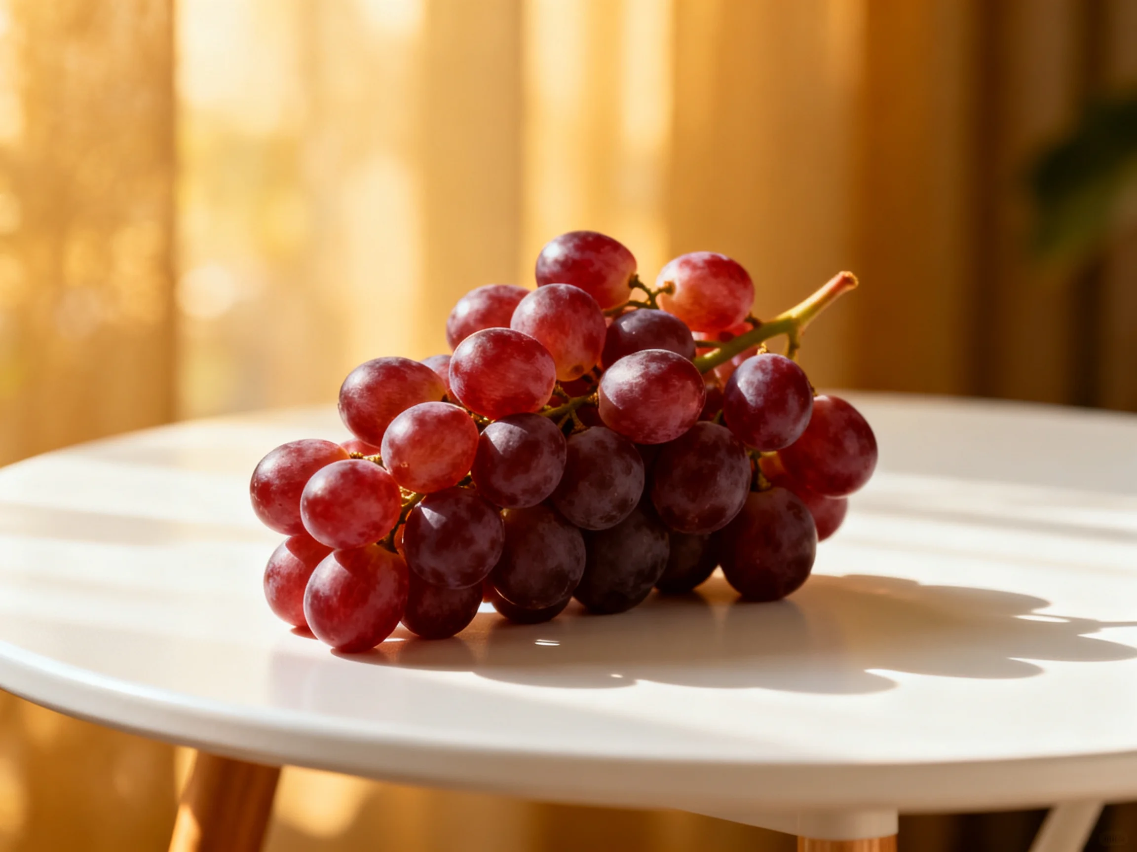 A cluster of vibrant red-purple grapes rests on a white table