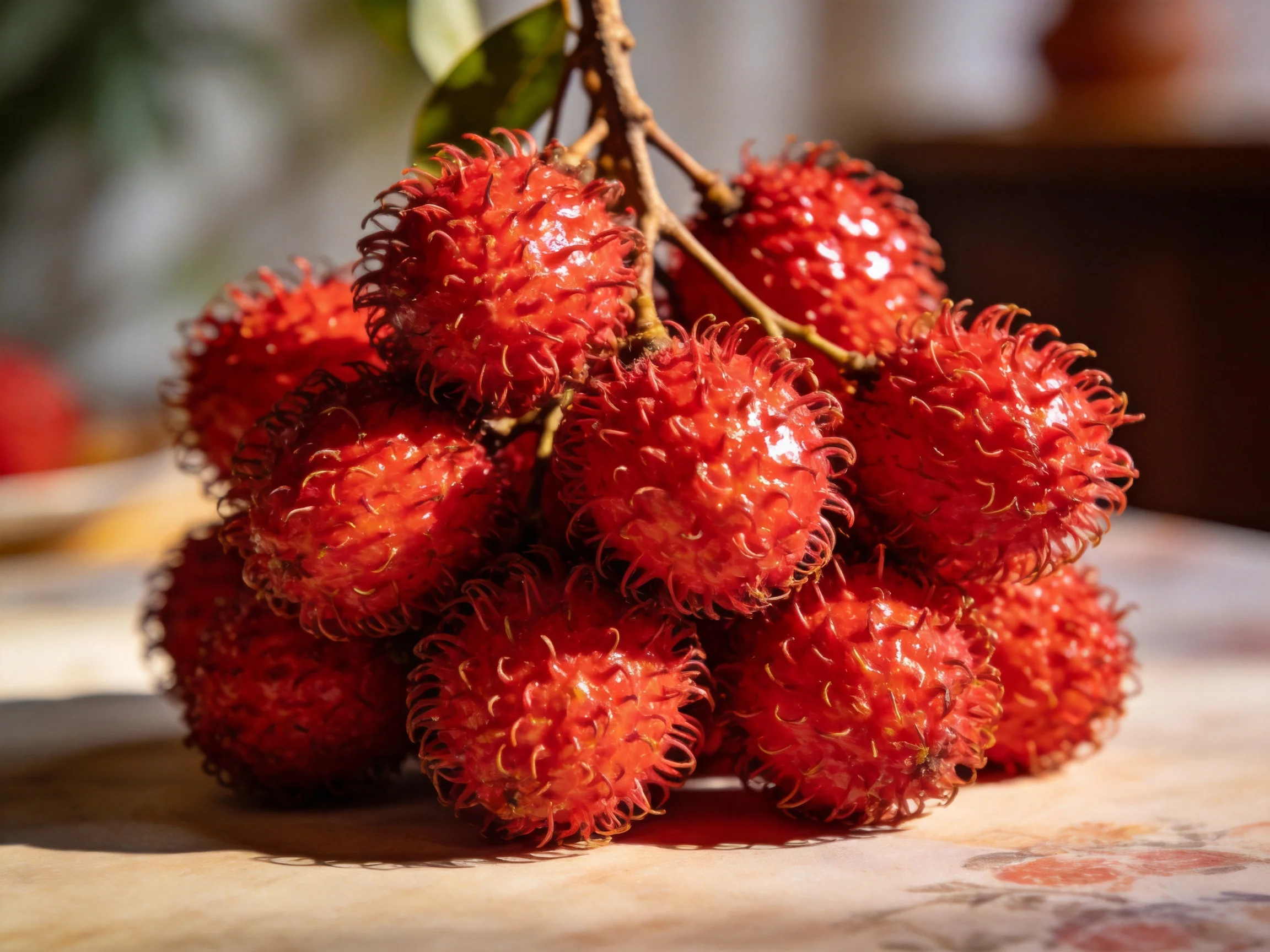 A cluster of vibrant red rambutan fruits arranged on a table