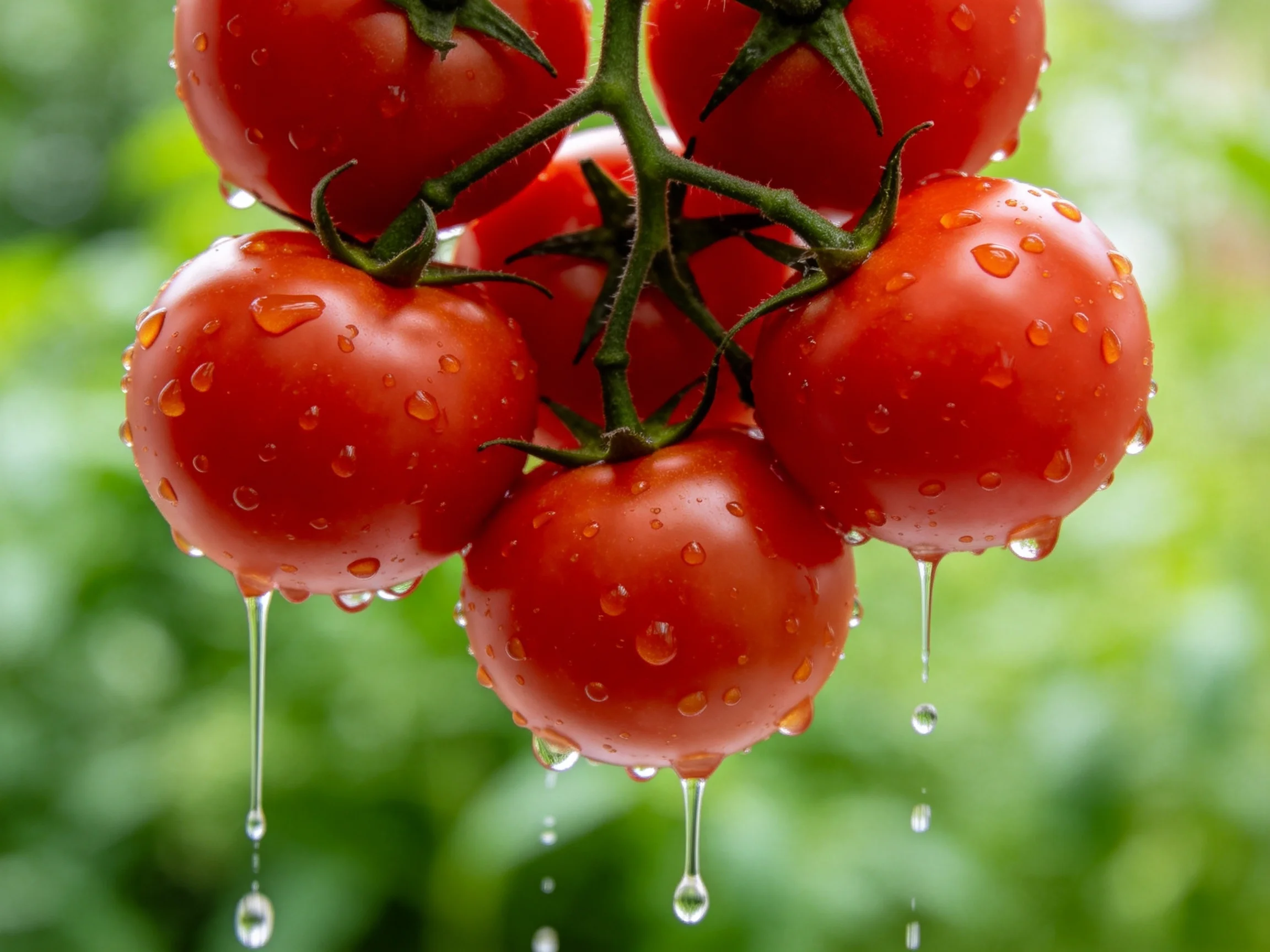 A cluster of vibrant red tomatoes with glistening water droplets