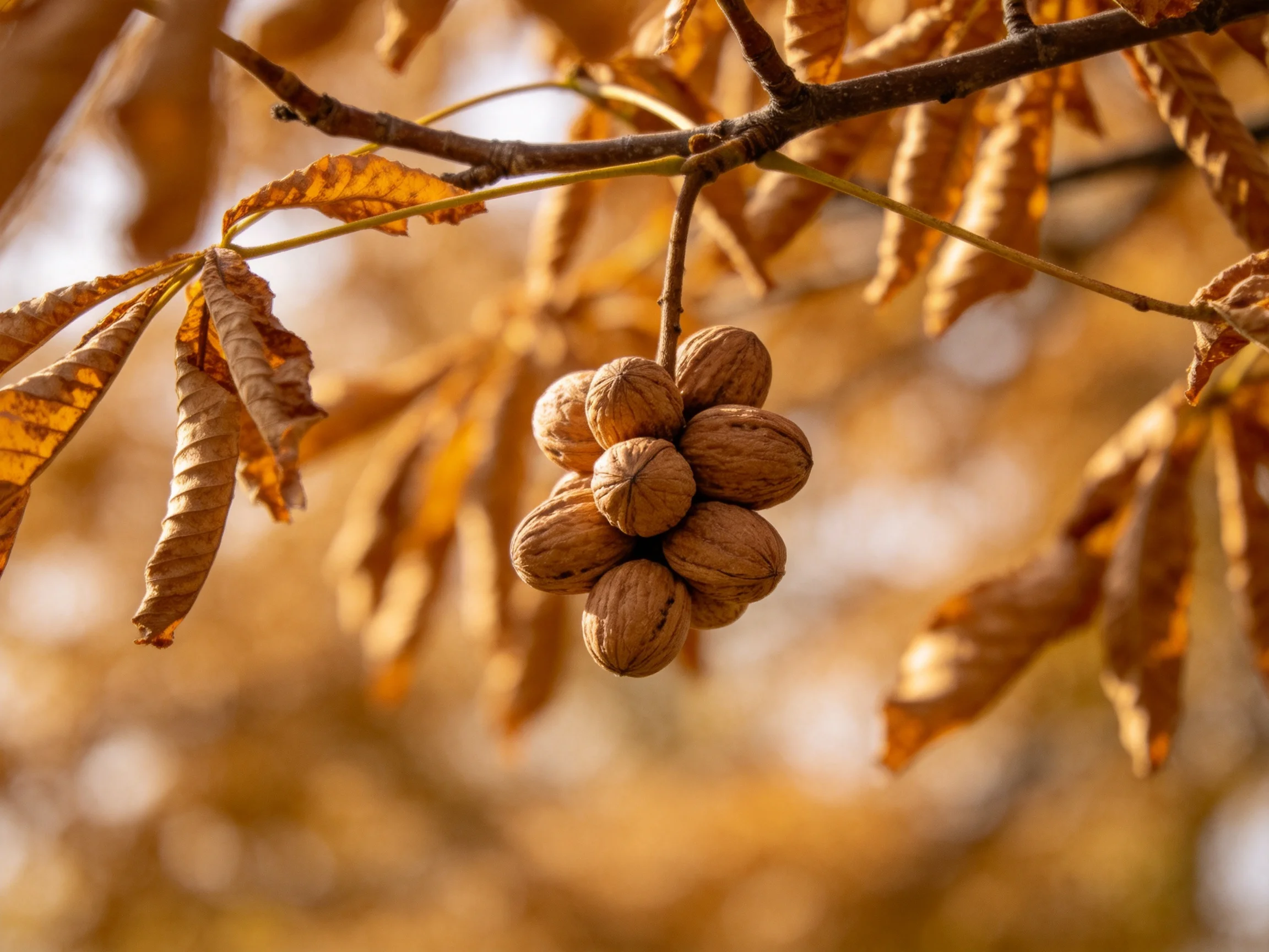 A cluster of walnuts hangs from a branch amid golden-brown foliage.