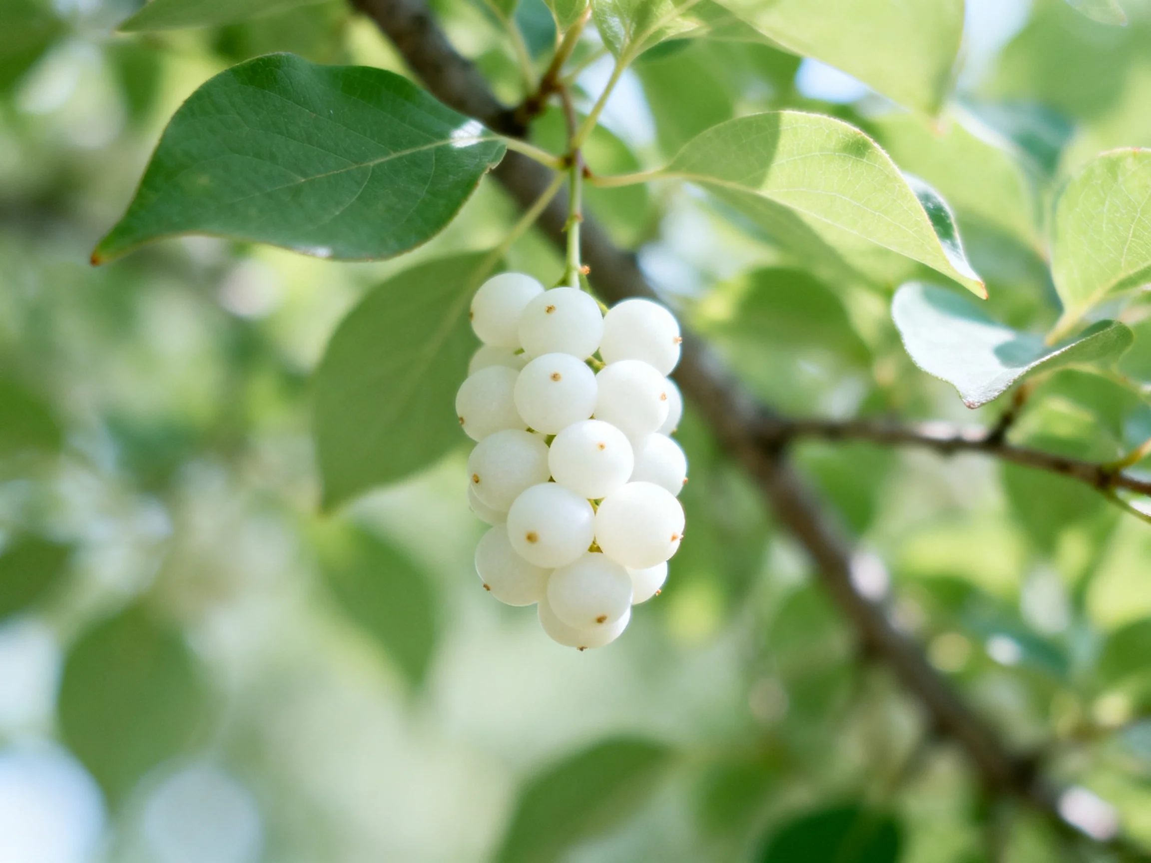 A cluster of white berries hangs from a tree branch amid lush green foliage