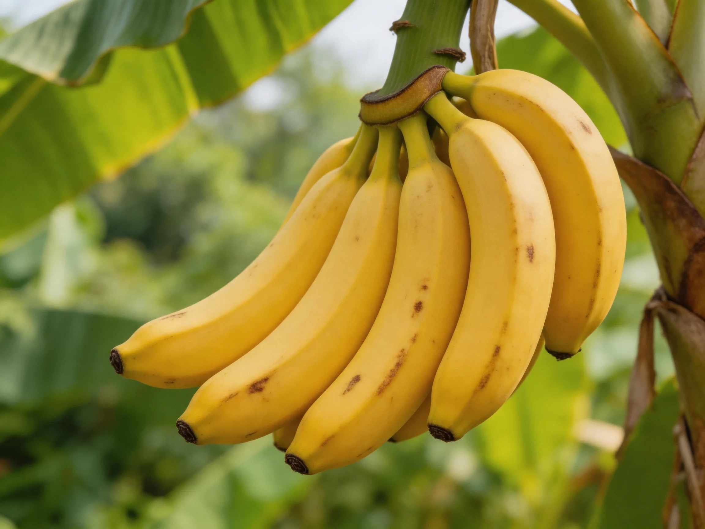 A cluster of yellow bananas hangs from a banana plant with green foliage