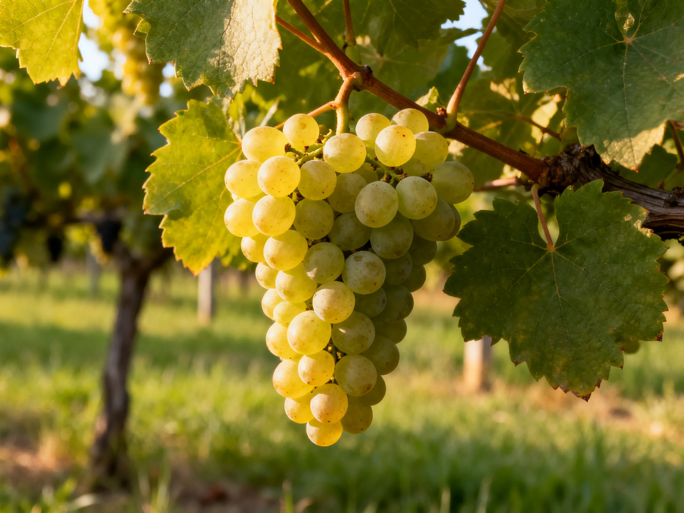 A cluster of yellow-green grapes hangs from a vine in a sunlit vineyard