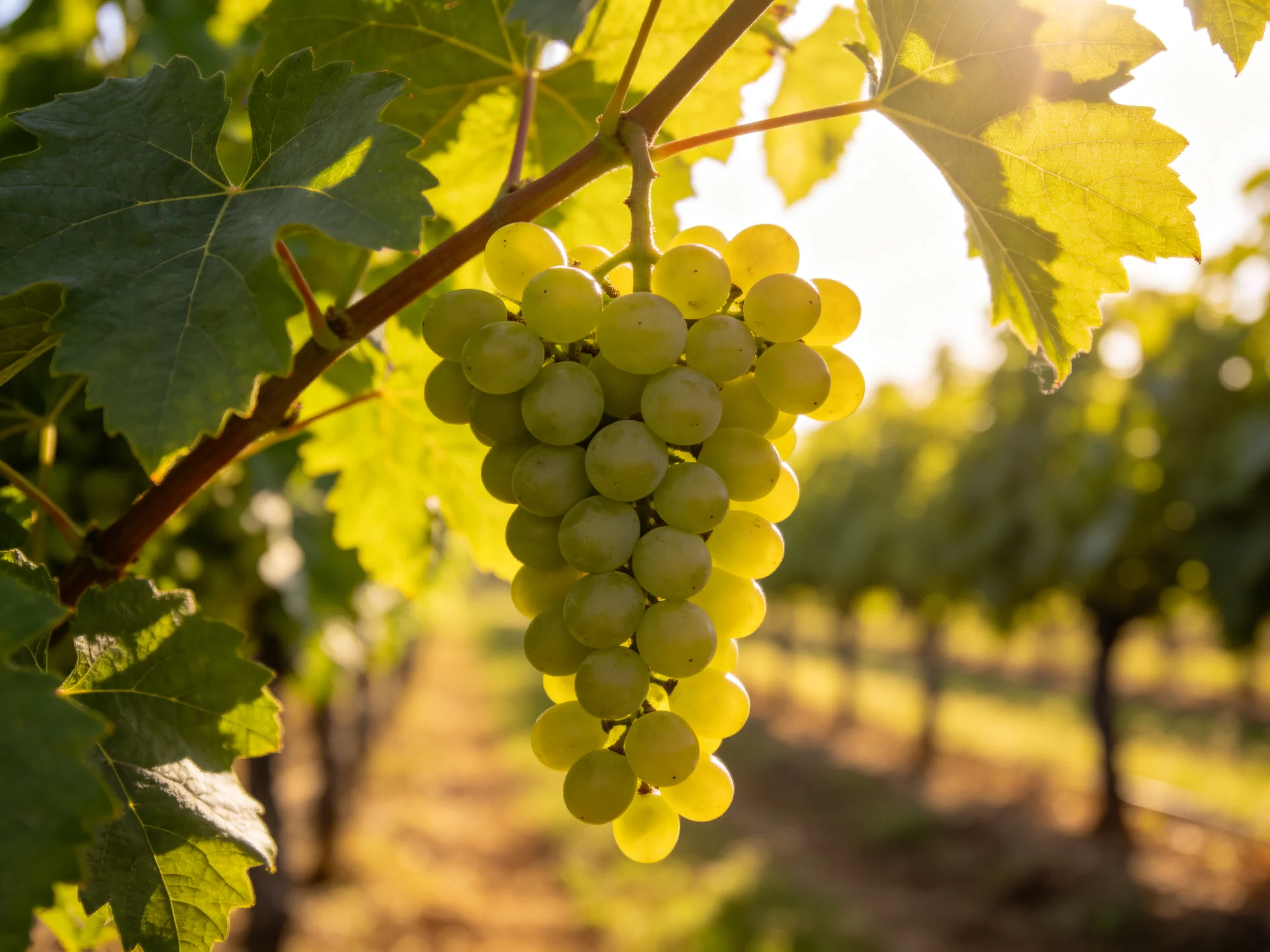 A cluster of yellow-green grapes hangs from a vine in a sunlit vineyard