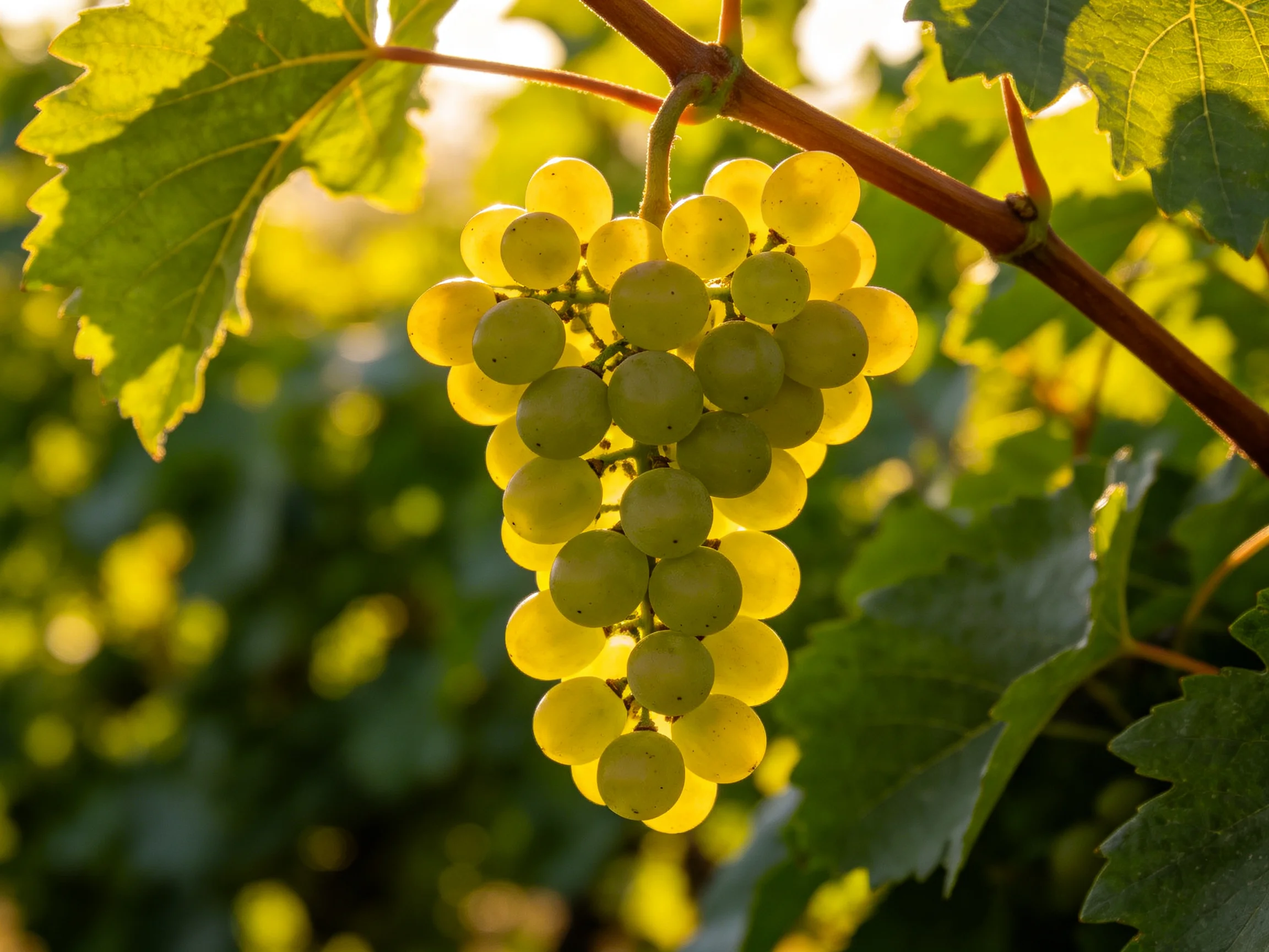 A cluster of yellow-green grapes hangs from a vine with lush green leaves