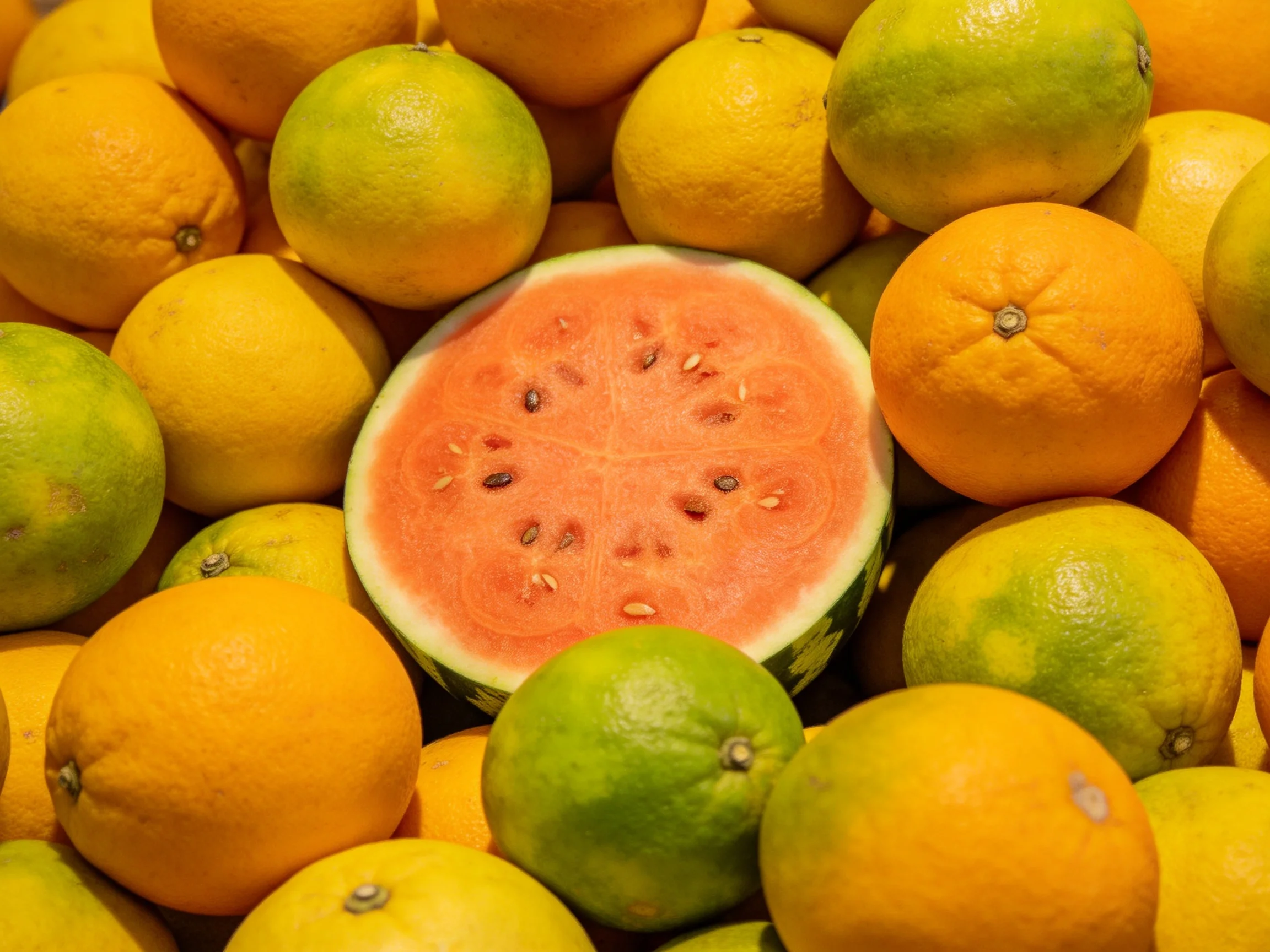 A colorful assortment of citrus fruits encircling a watermelon half