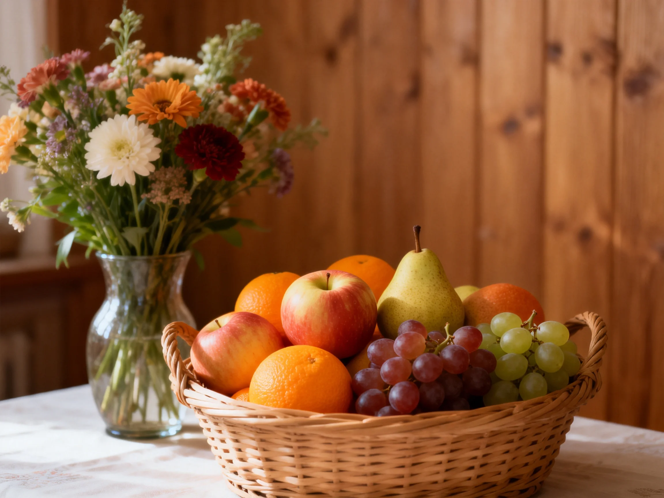 A colorful flower arrangement beside a basket of assorted fruits