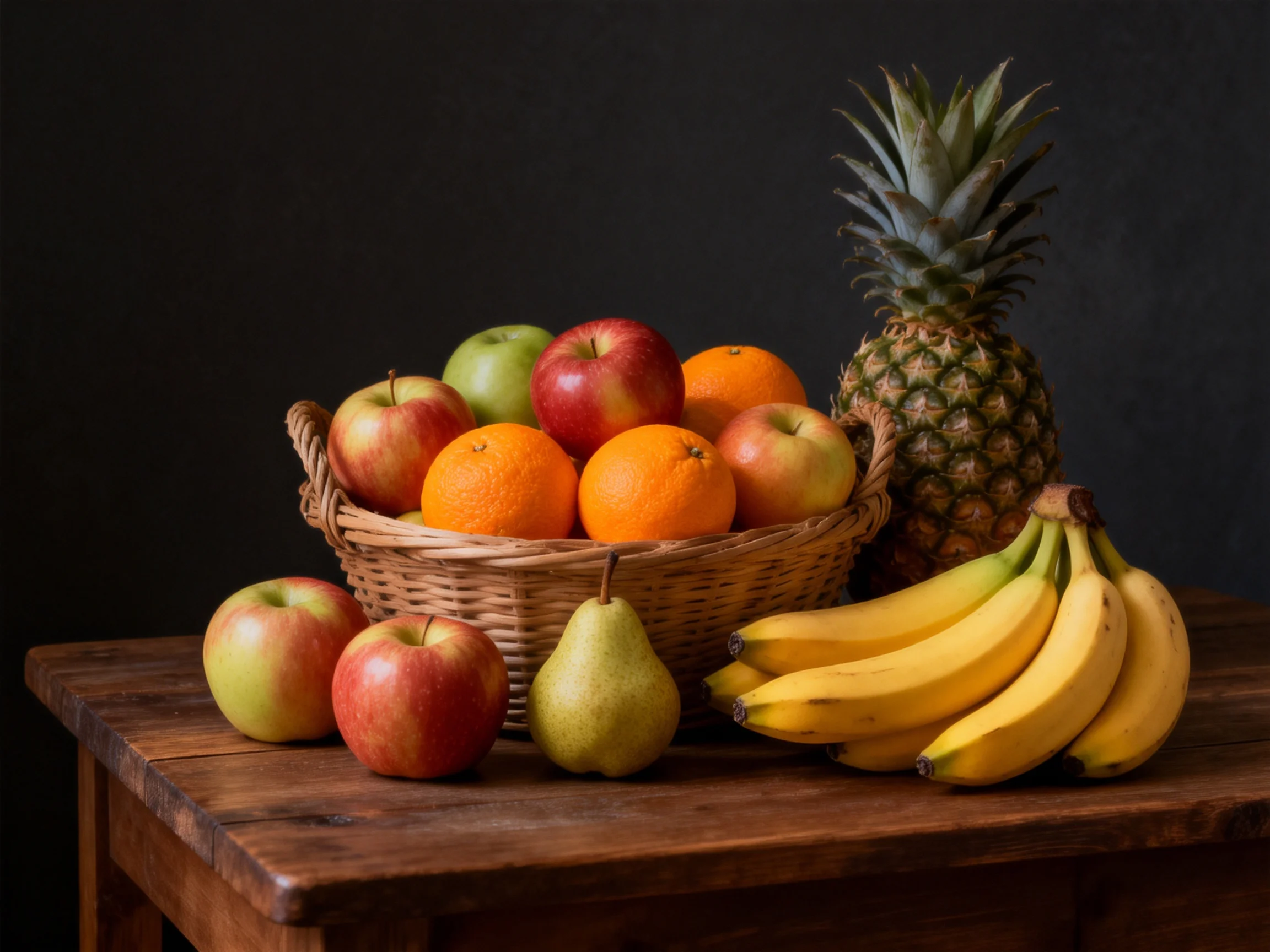 A colorful fruit arrangement with apples, oranges, banana, and pineapple