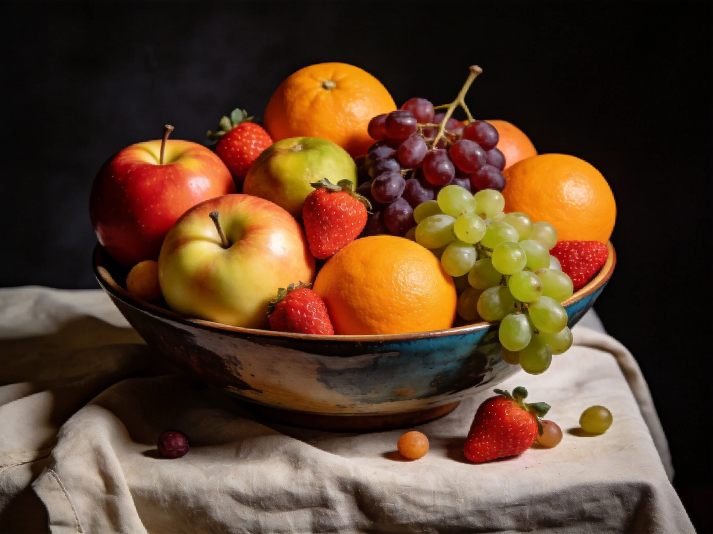 A colorful fruit arrangement with apples, oranges, strawberries, and grapes in a decorative bowl