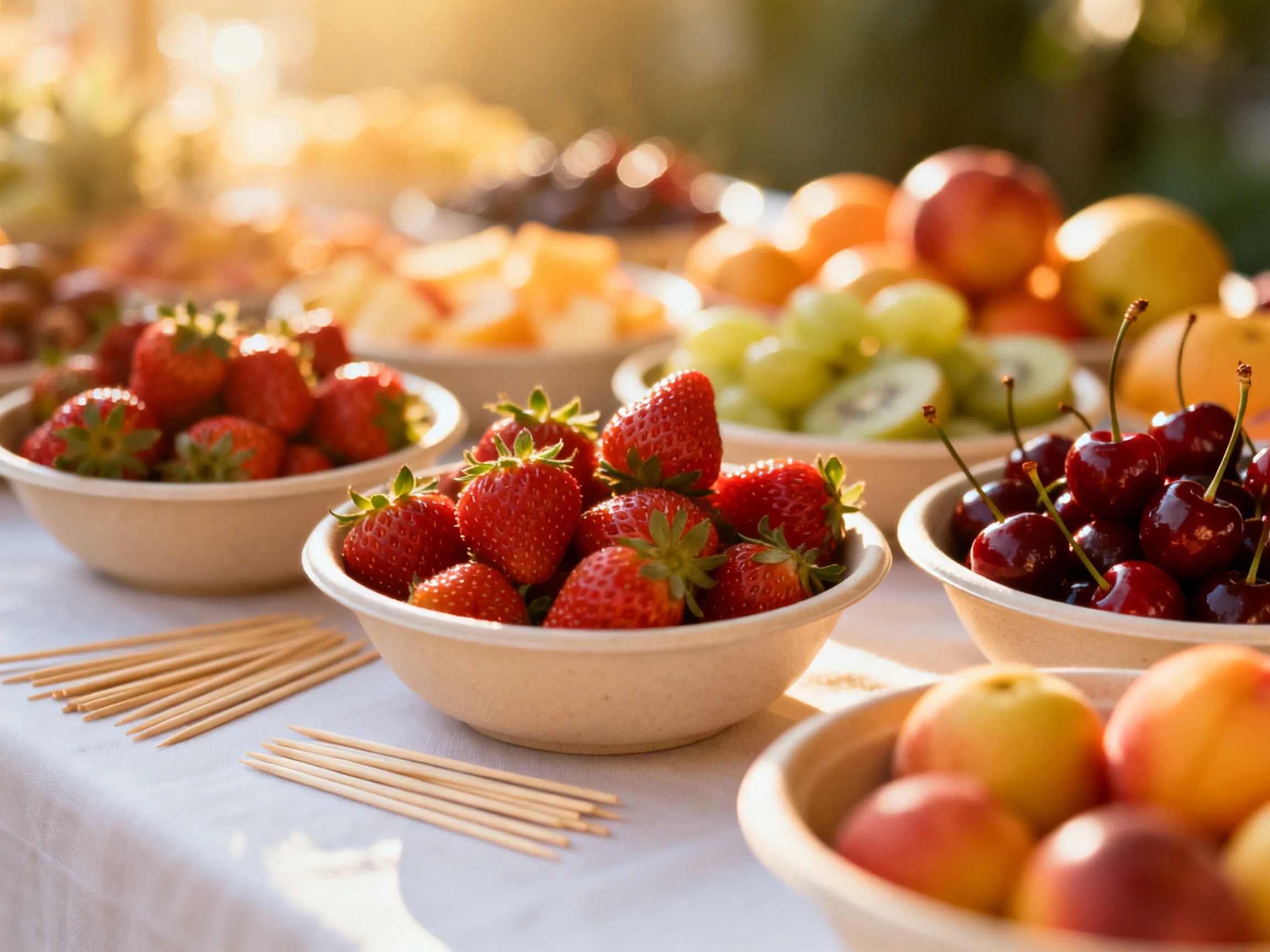A colorful fruit assortment in bowls under warm sunlight