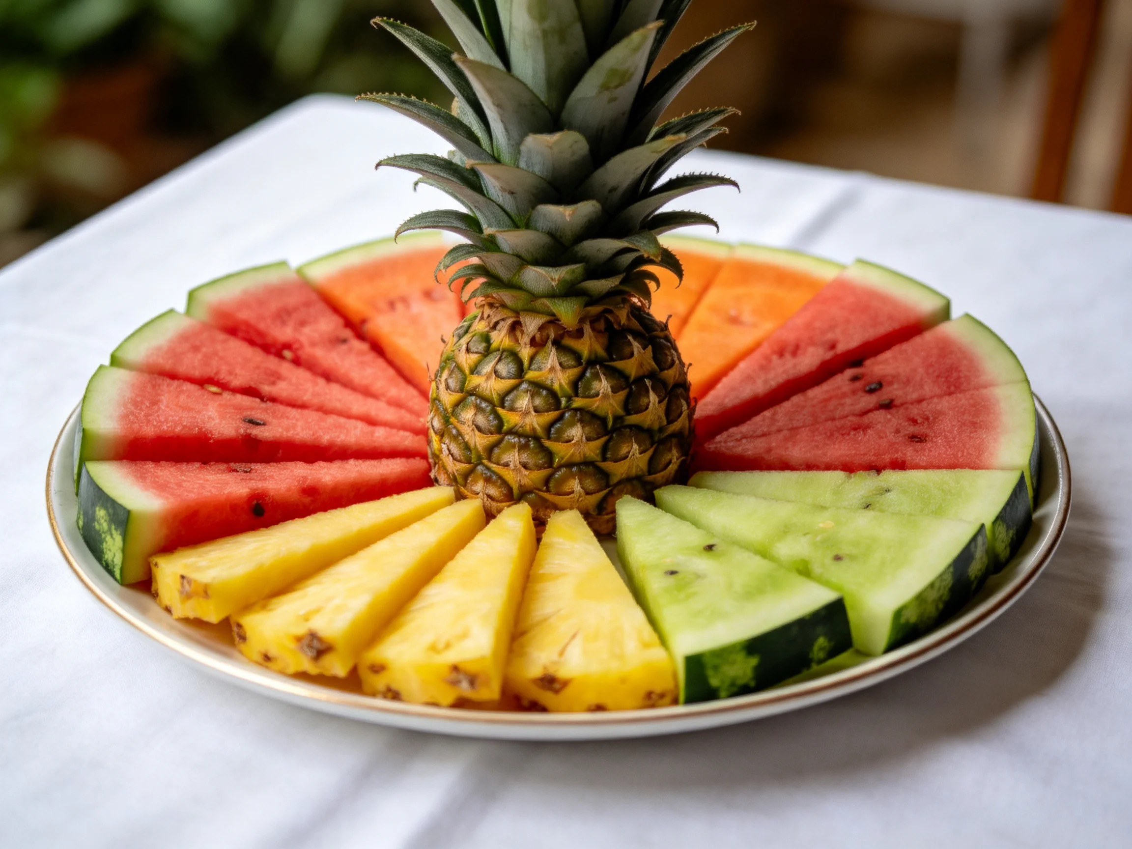A colorful fruit platter with pineapple, watermelon, cantaloupe, and honeydew slices