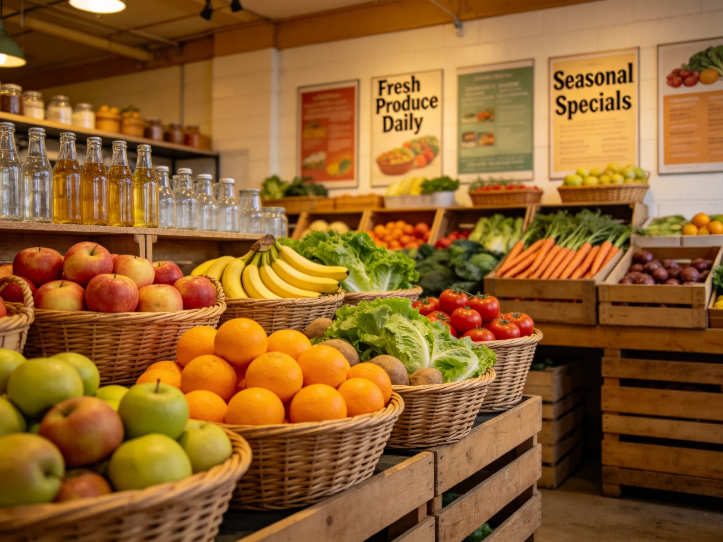 A colorful market display of fresh fruits and vegetables