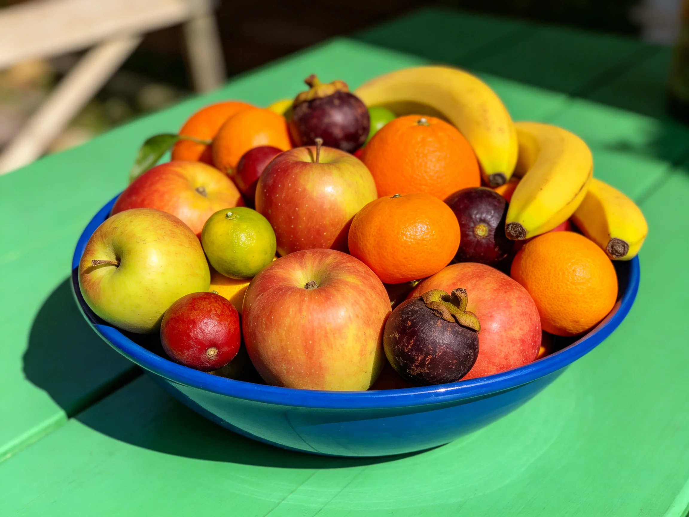 A colorful mix of fruits in a blue bowl on a bright green table