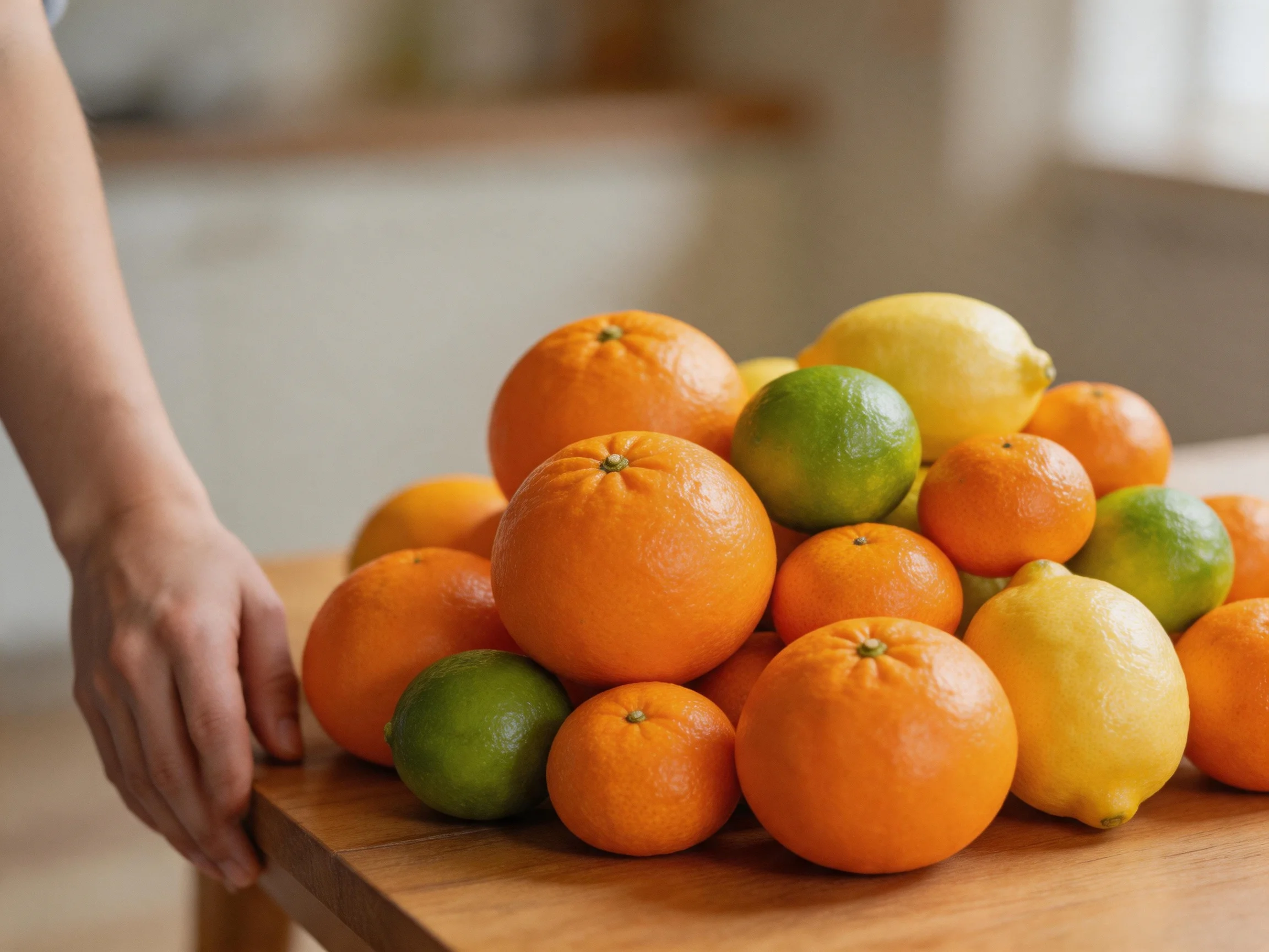 A colorful pile of oranges, limes, and lemons arranged on a wooden table