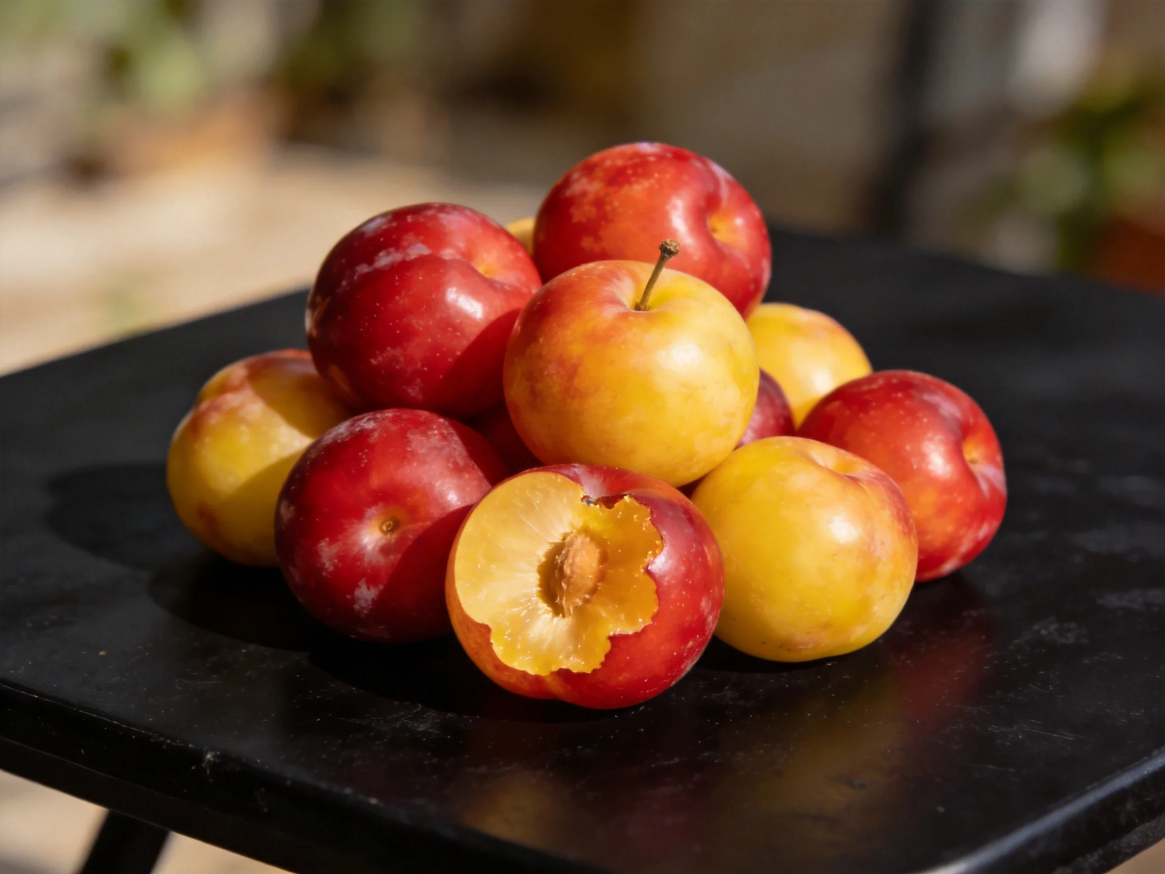 A colorful pile of red and golden plums on a black table