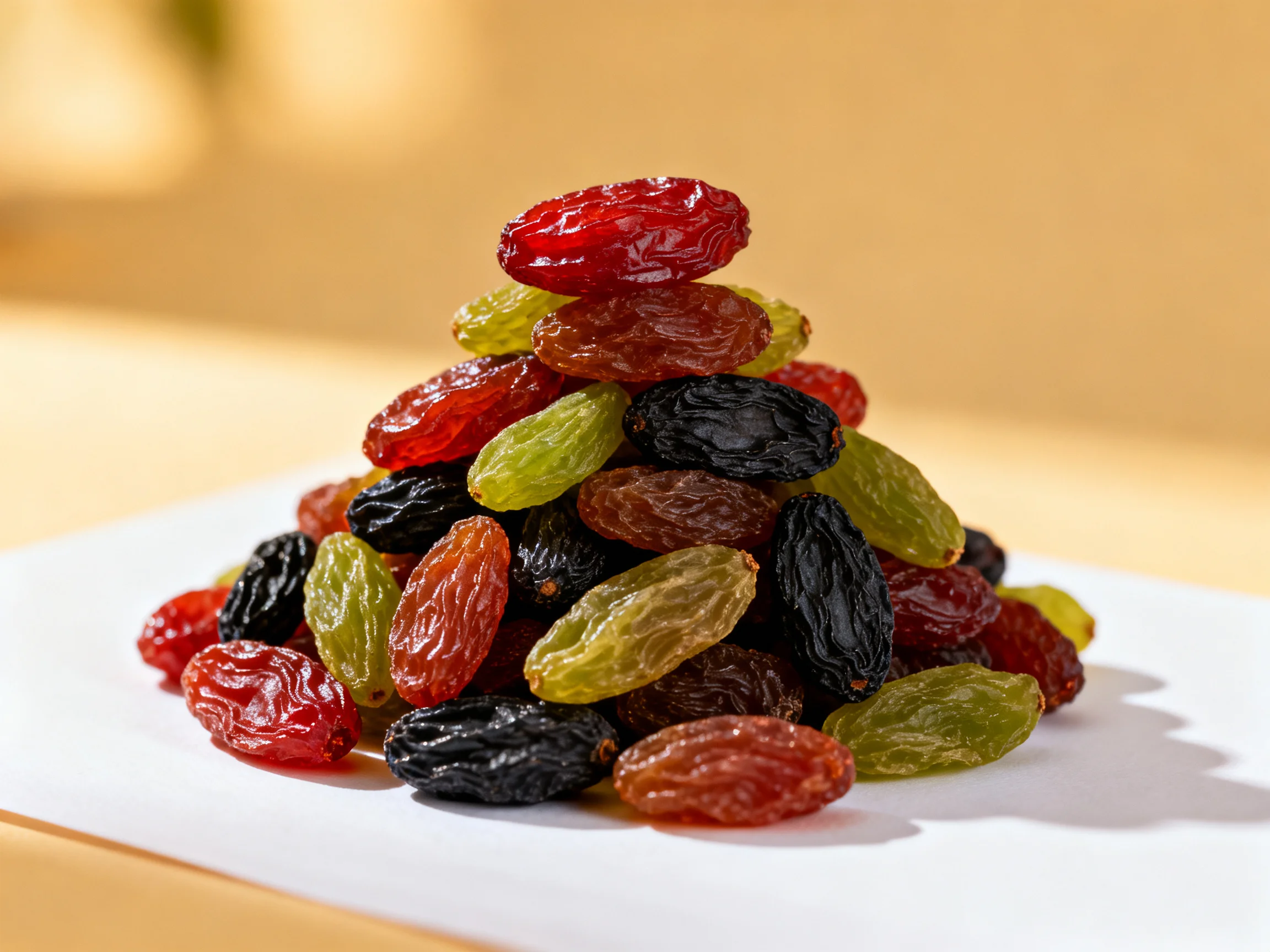 A colorful pyramid of assorted raisins on a white plate