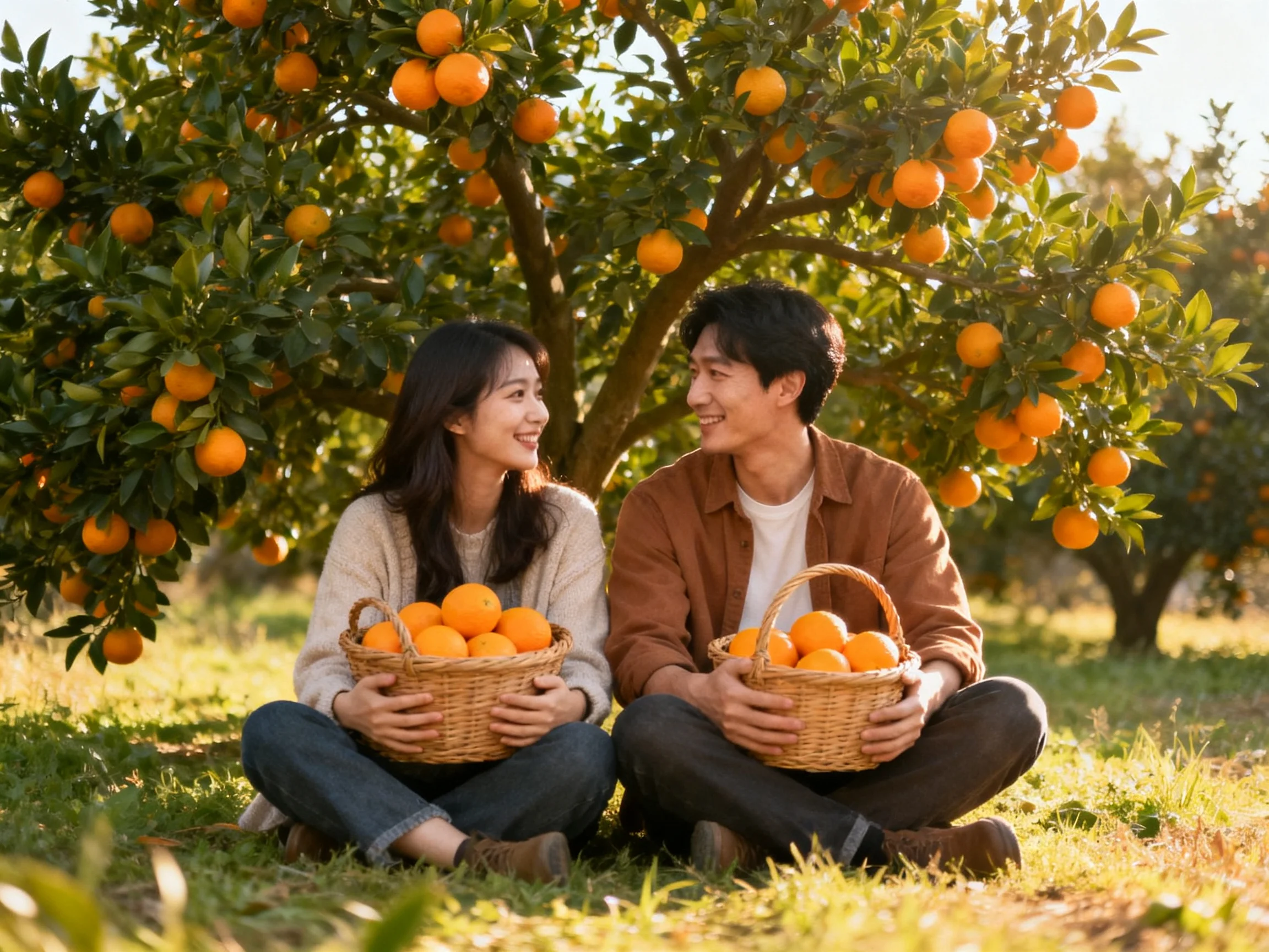 A couple holding baskets of ripe oranges under a fruit-laden tree