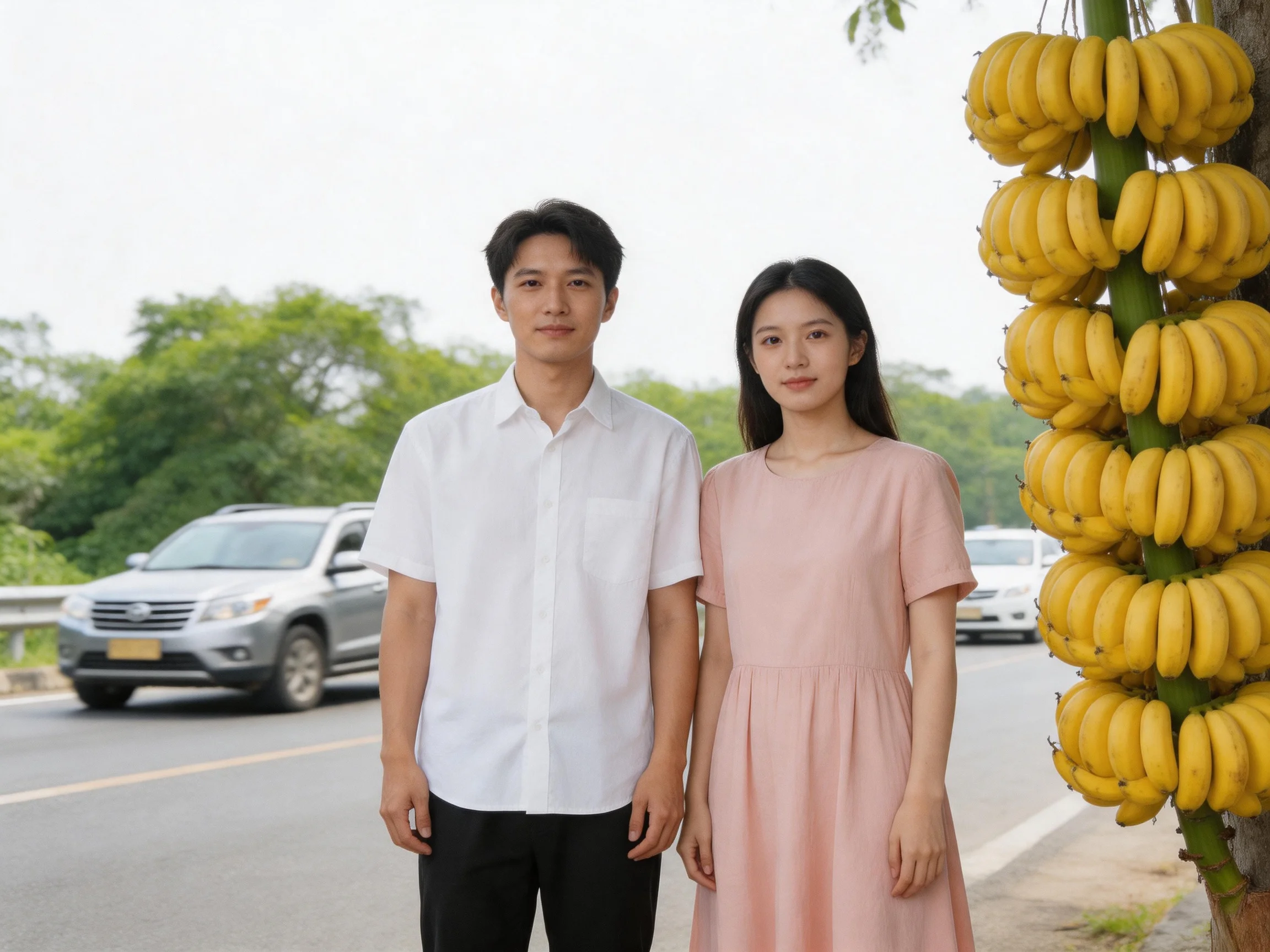 A couple stands beside a large cluster of yellow bananas by a roadside.