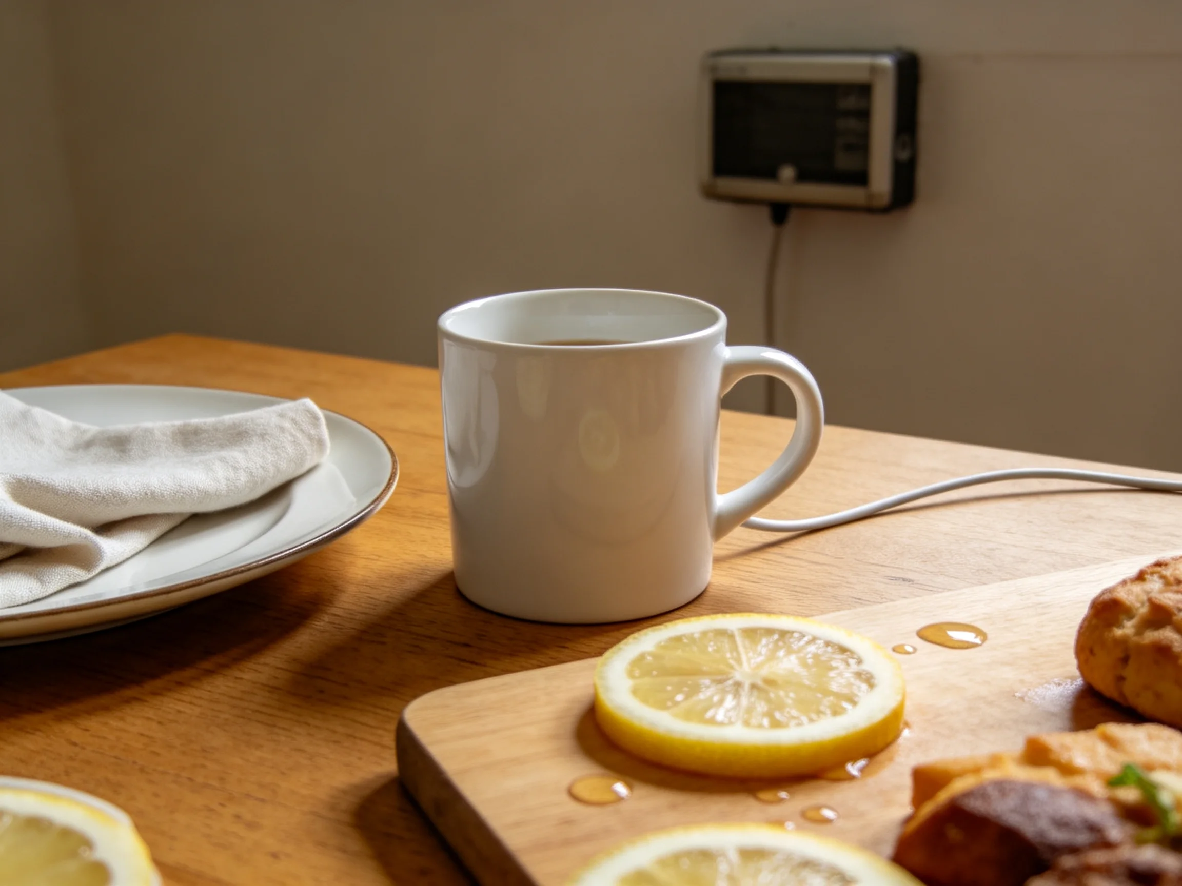 A cozy breakfast setup with a white mug, lemon slices, and bread on a wooden table