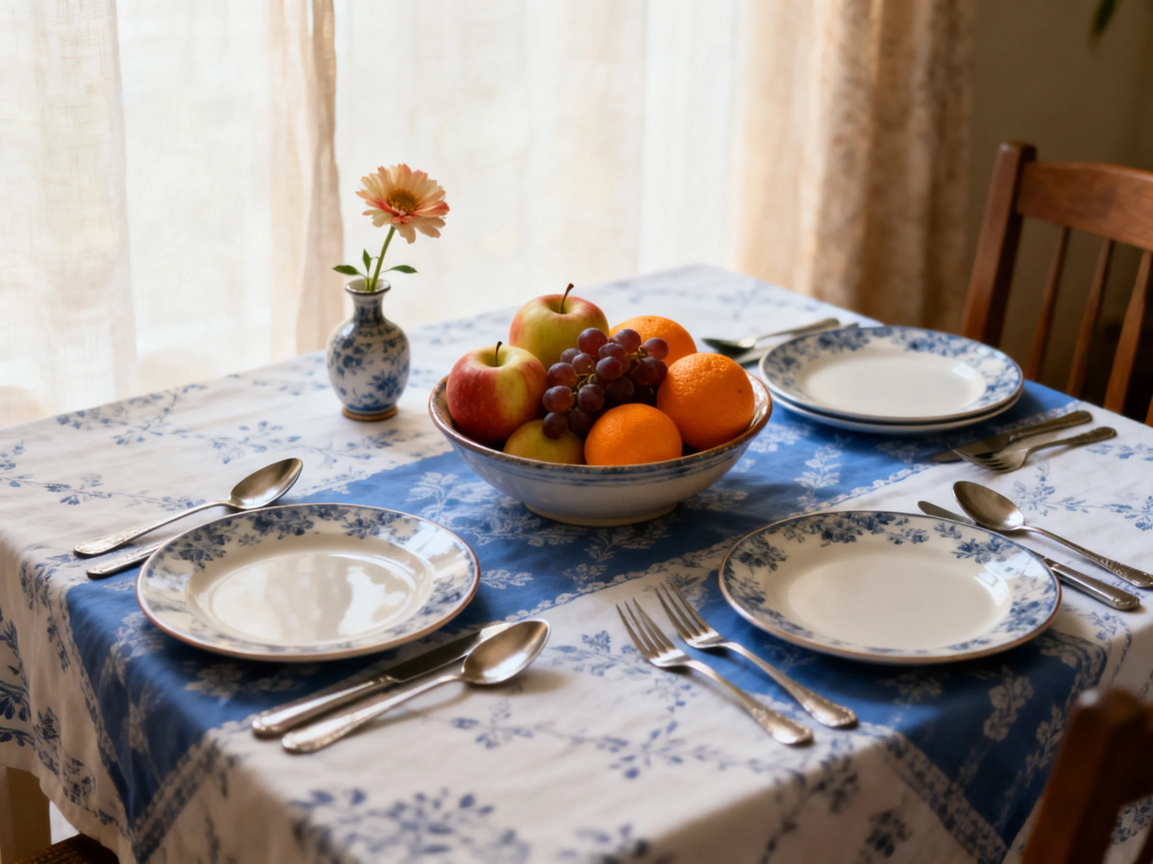 A cozy dining setup with blue floral tablecloth and assorted fruits