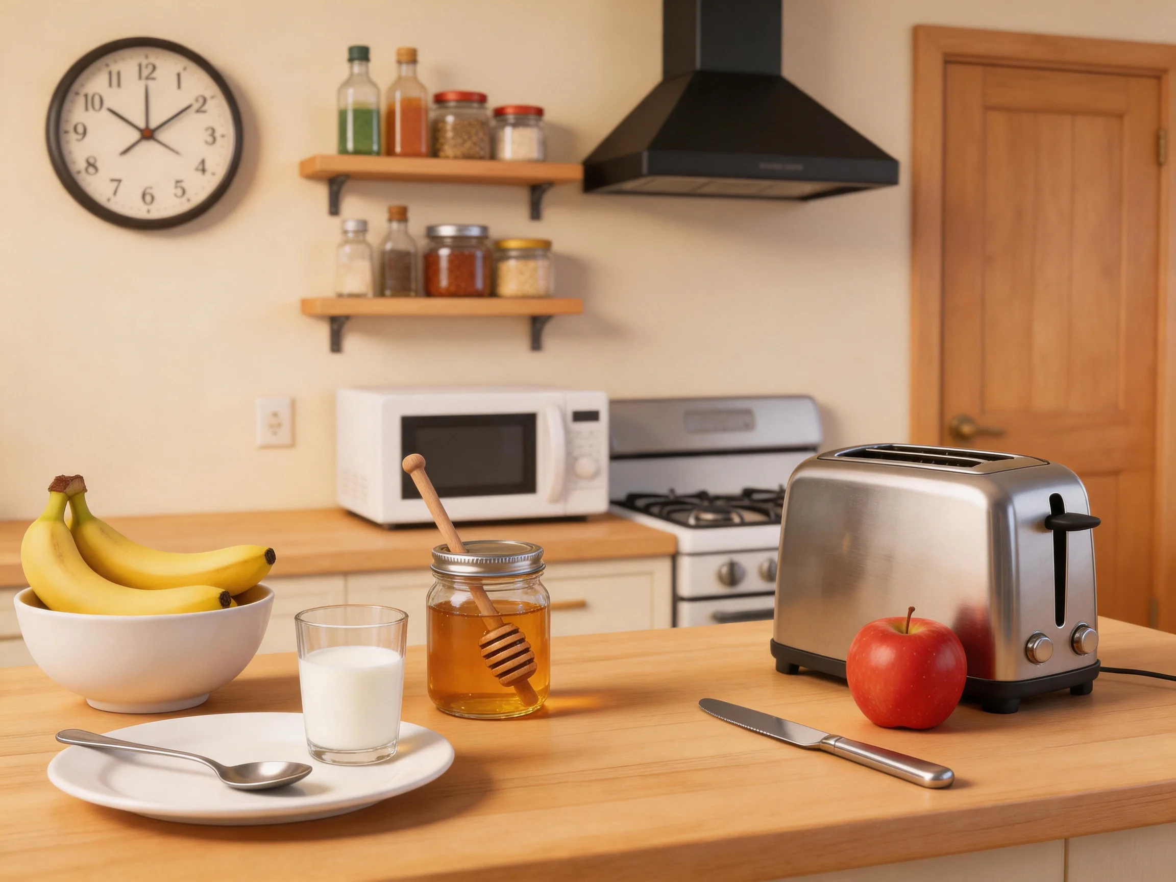 A cozy kitchen counter with a silver toaster, yellow bananas, and red apple