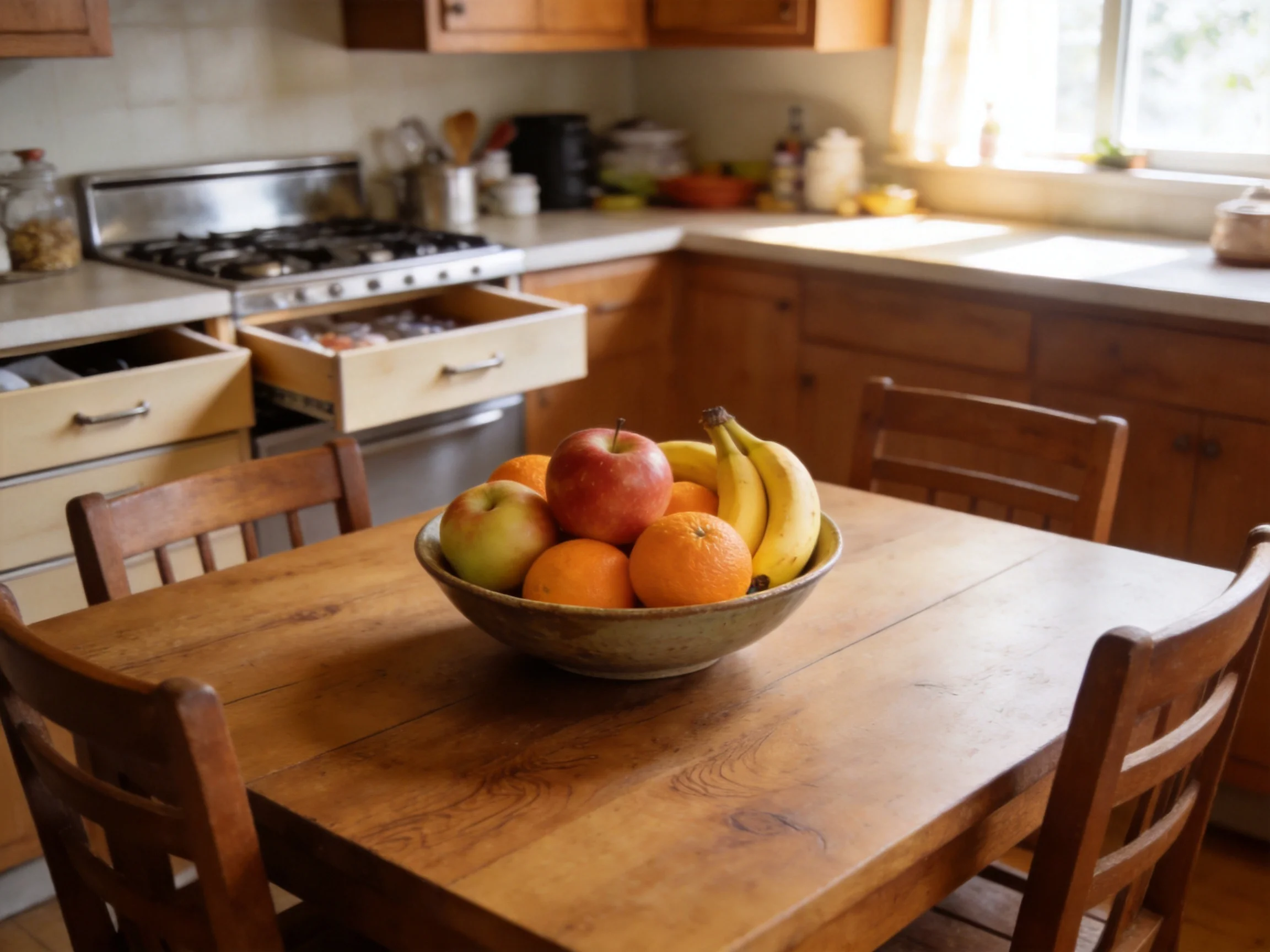 A cozy kitchen with wooden cabinets and a fruit bowl of apples, bananas, oranges
