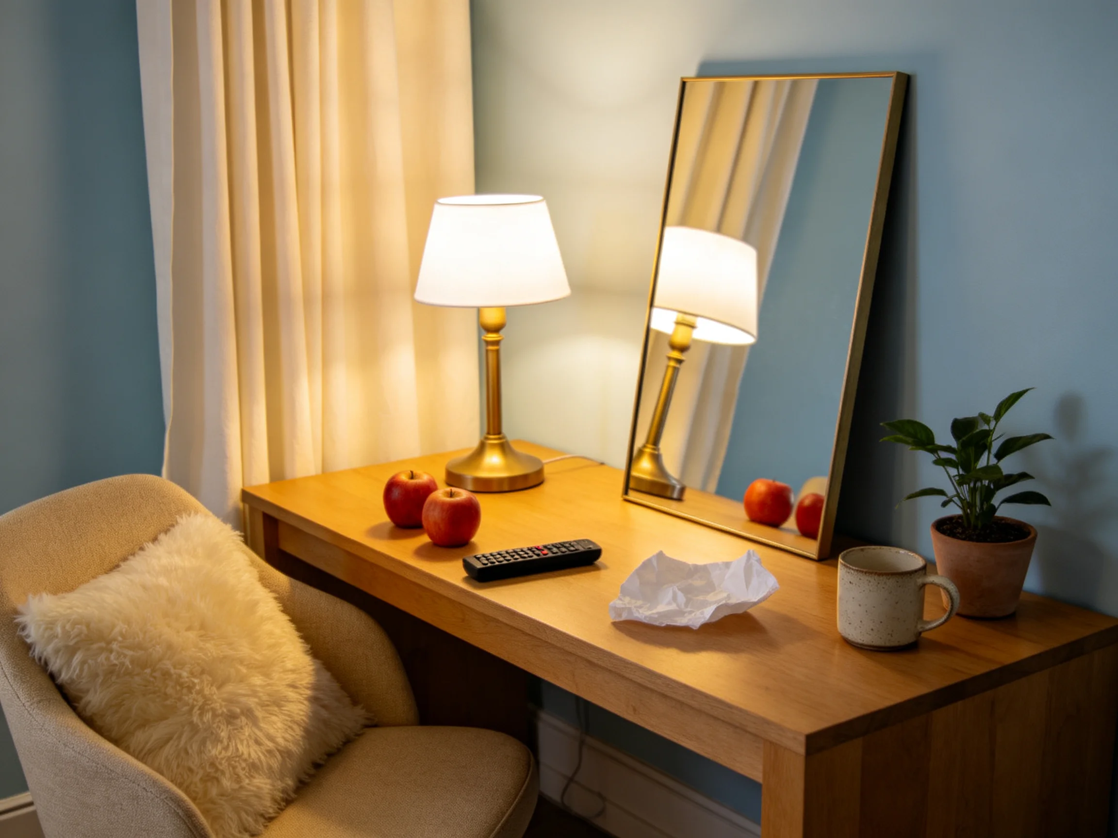 A cozy room with a wooden desk, brass lamp, two red apples, and a large mirror