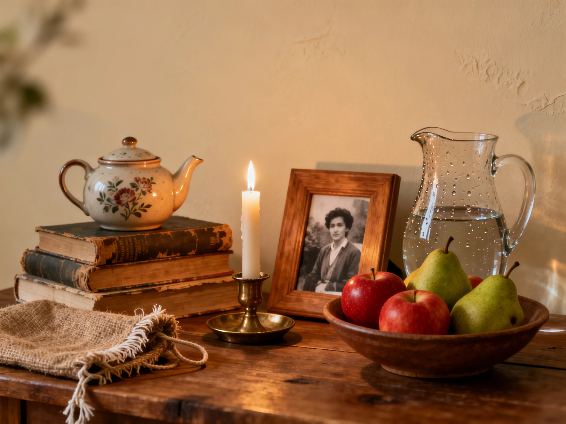 A cozy tabletop scene with vintage items, fruits, and warm lighting.