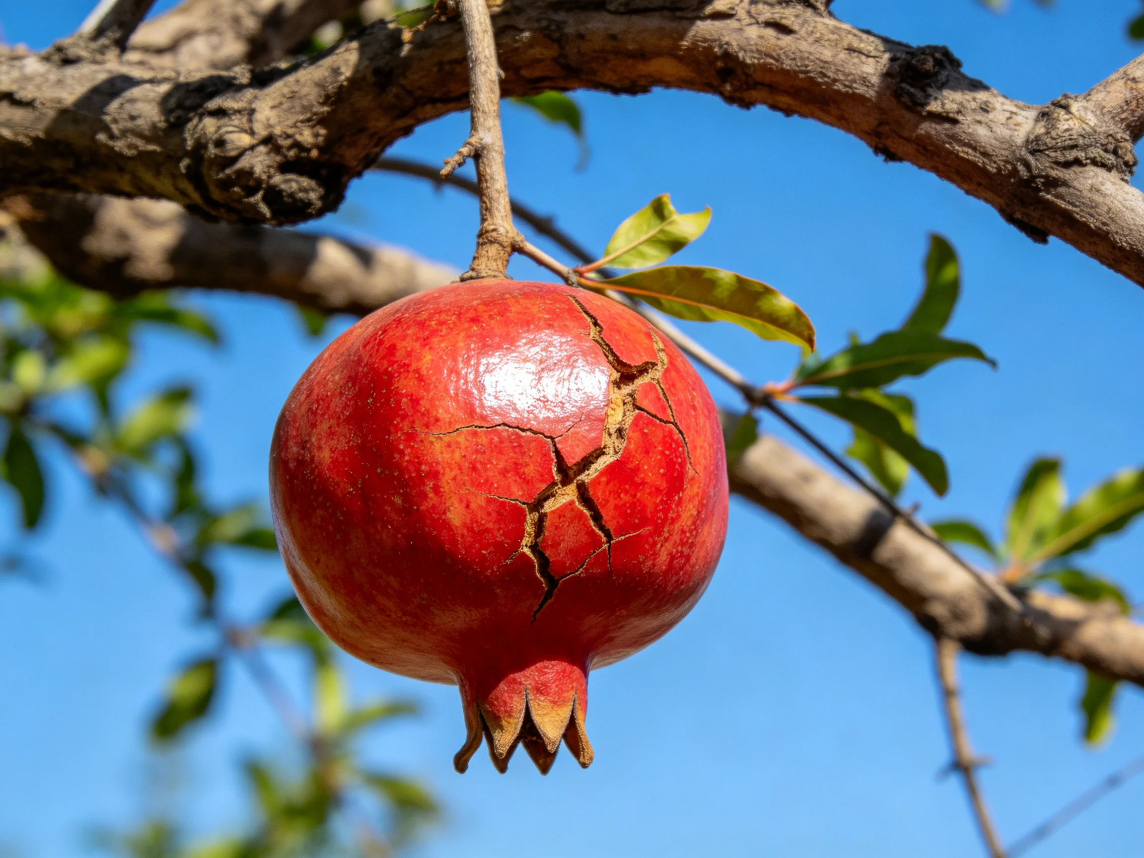 A cracked red pomegranate hangs from a gnarled tree branch