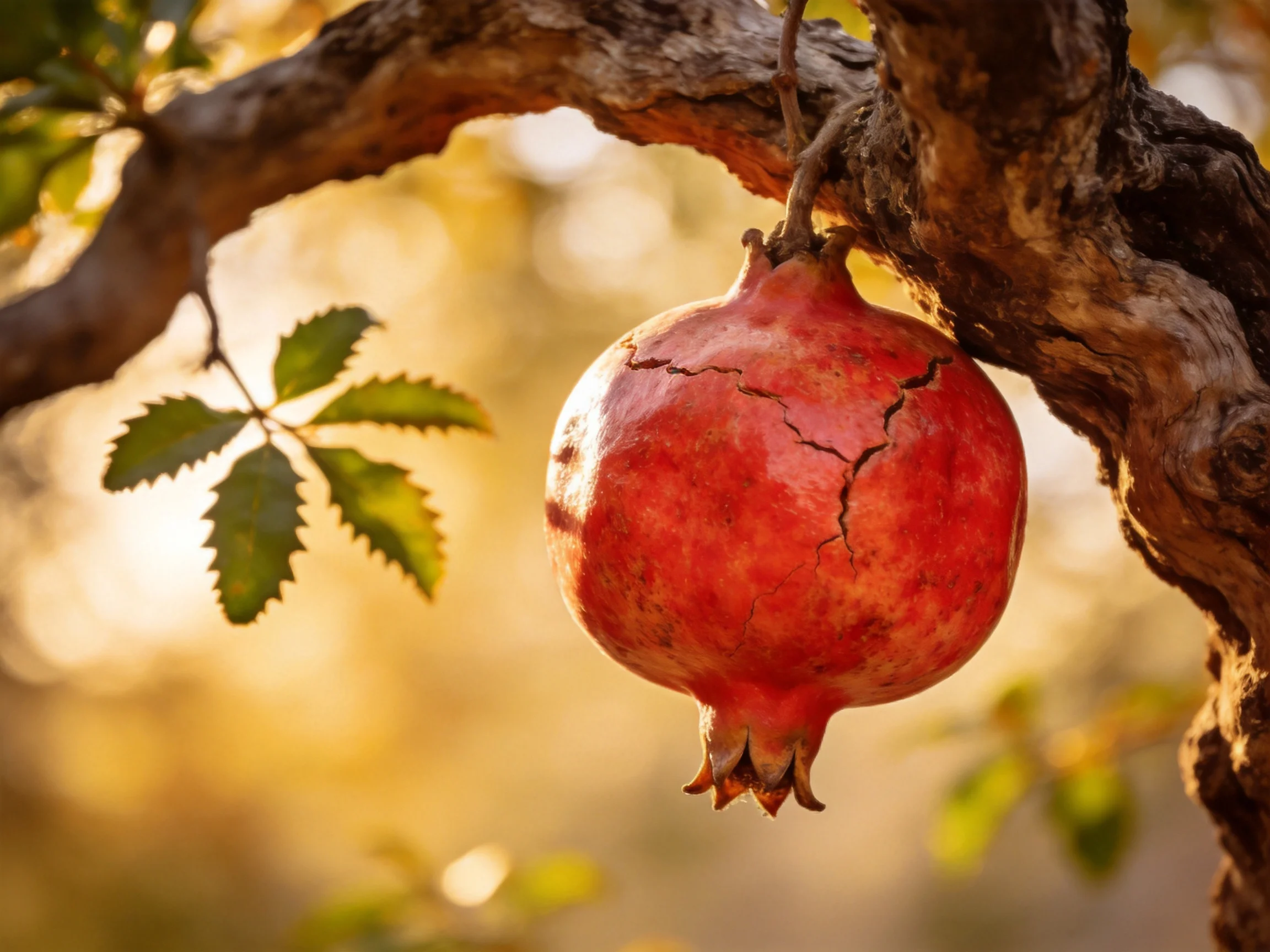 A cracked red pomegranate hangs from a gnarled tree branch