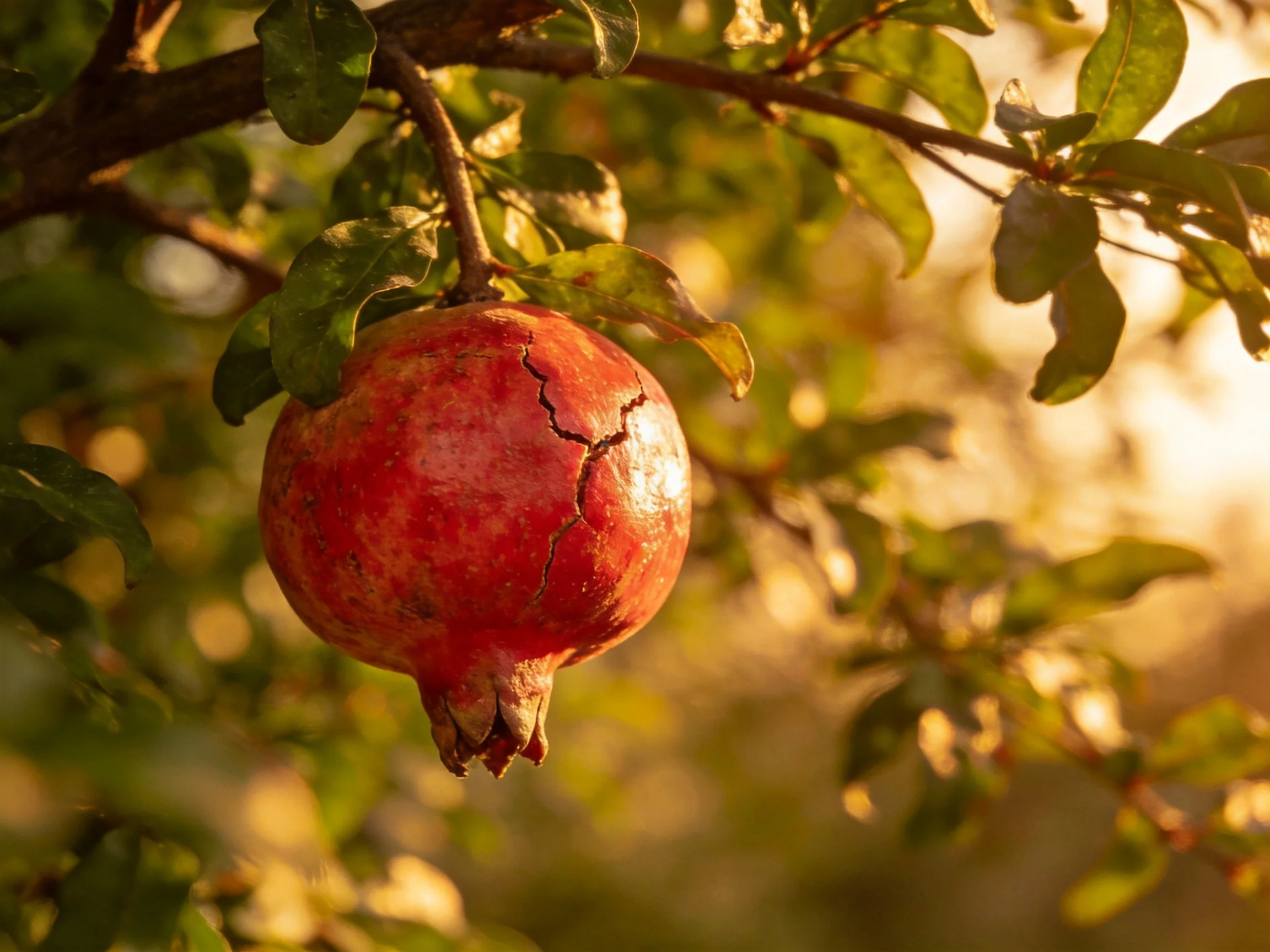 A cracked red pomegranate hangs from a leafy branch in golden light