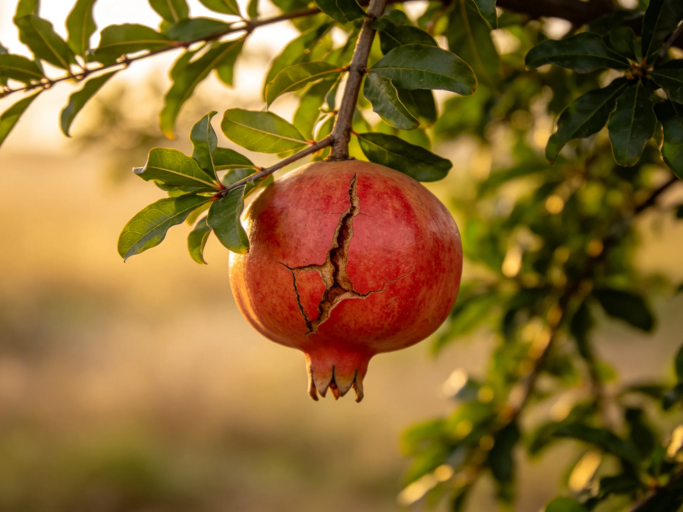 A cracked red pomegranate hangs from a leafy branch in golden light
