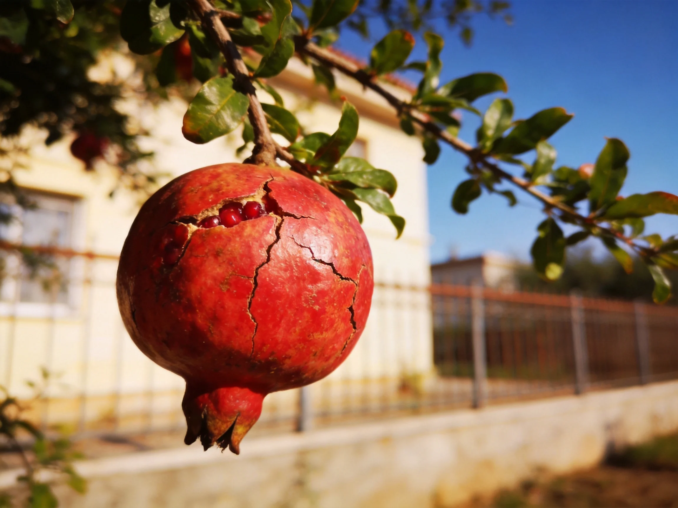 A cracked red pomegranate hangs from a leafy branch near a house