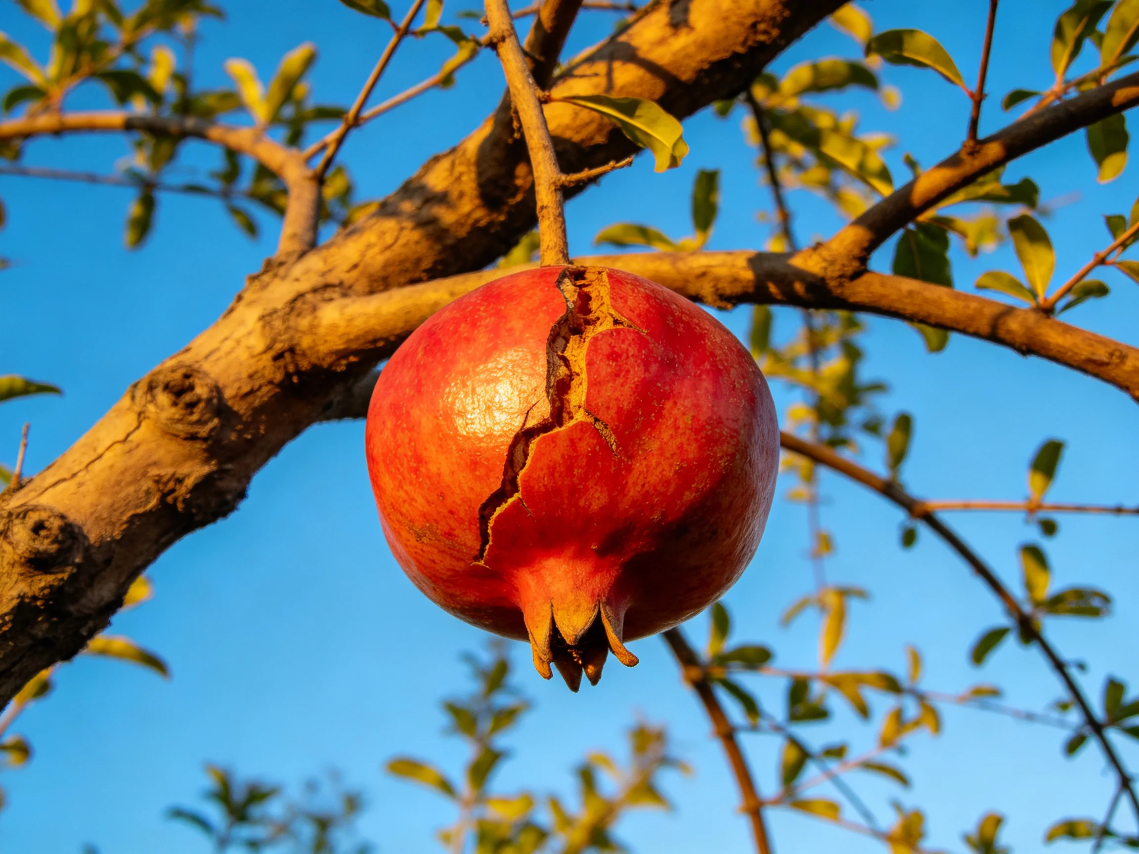 A cracked red pomegranate hangs from a tree branch against a clear blue sky