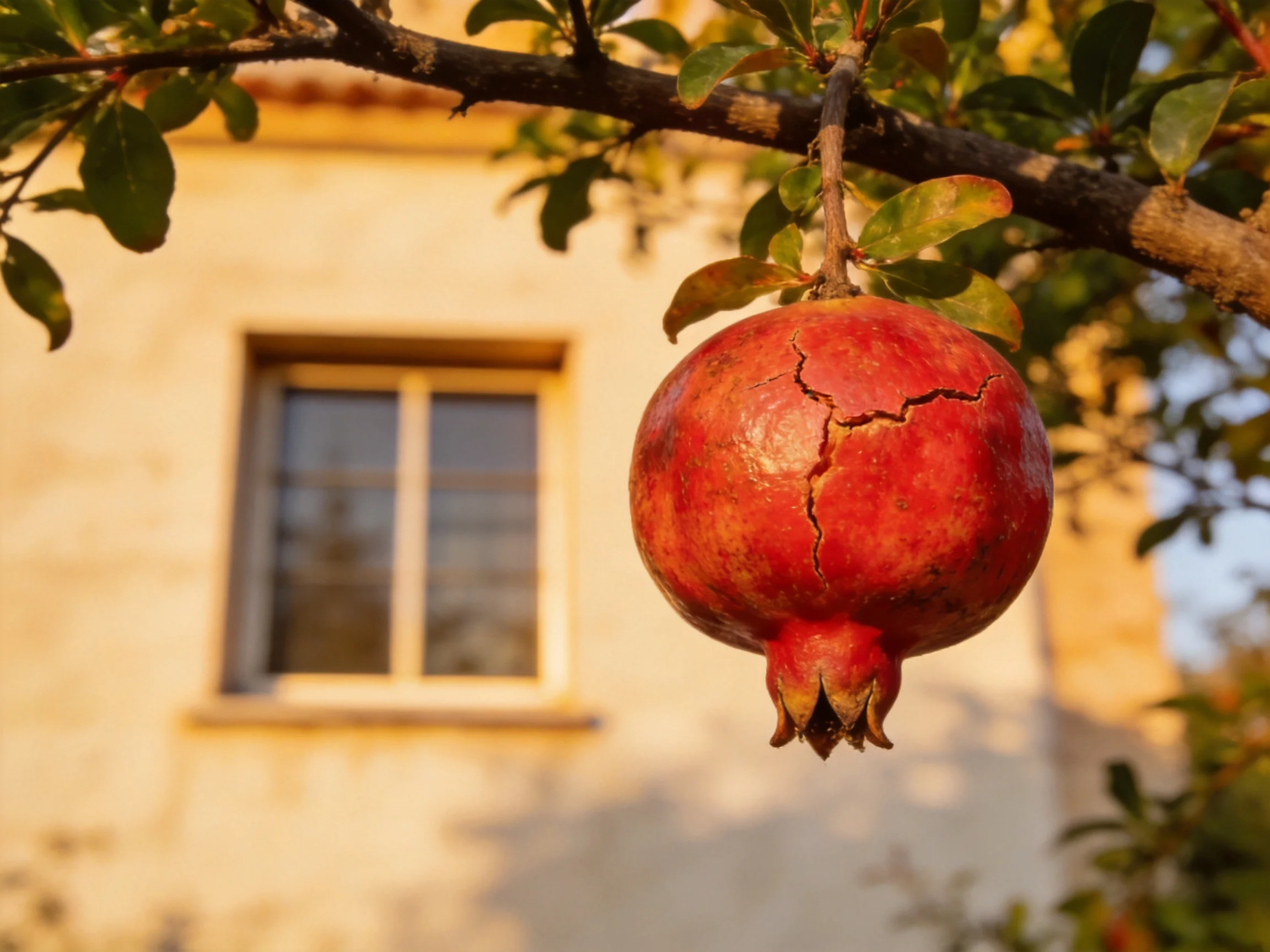 A cracked red pomegranate hangs from a tree near a sunlit house