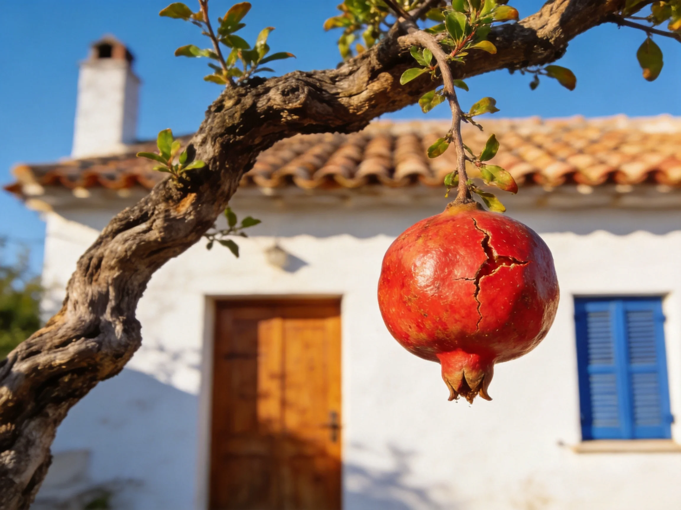 A cracked red pomegranate hangs from an aged tree near a whitewashed house