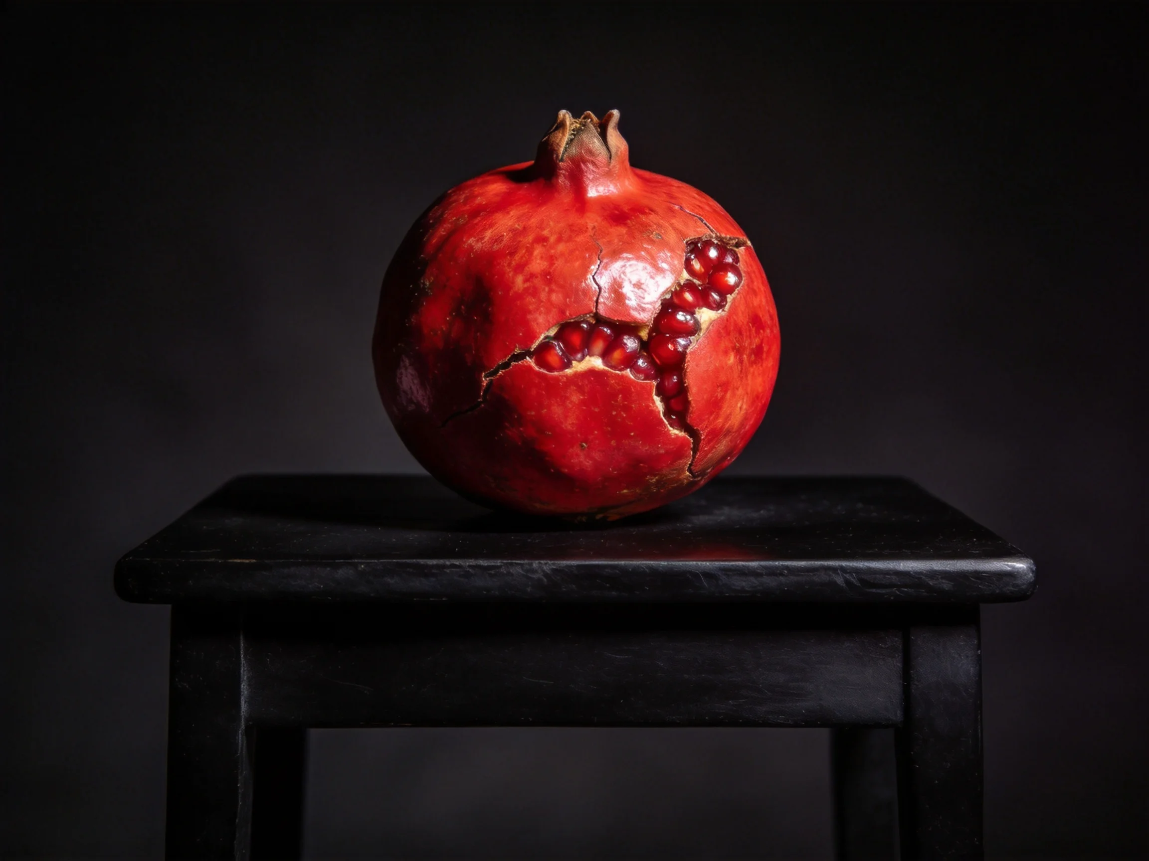 A cracked red pomegranate placed on a black wooden stool