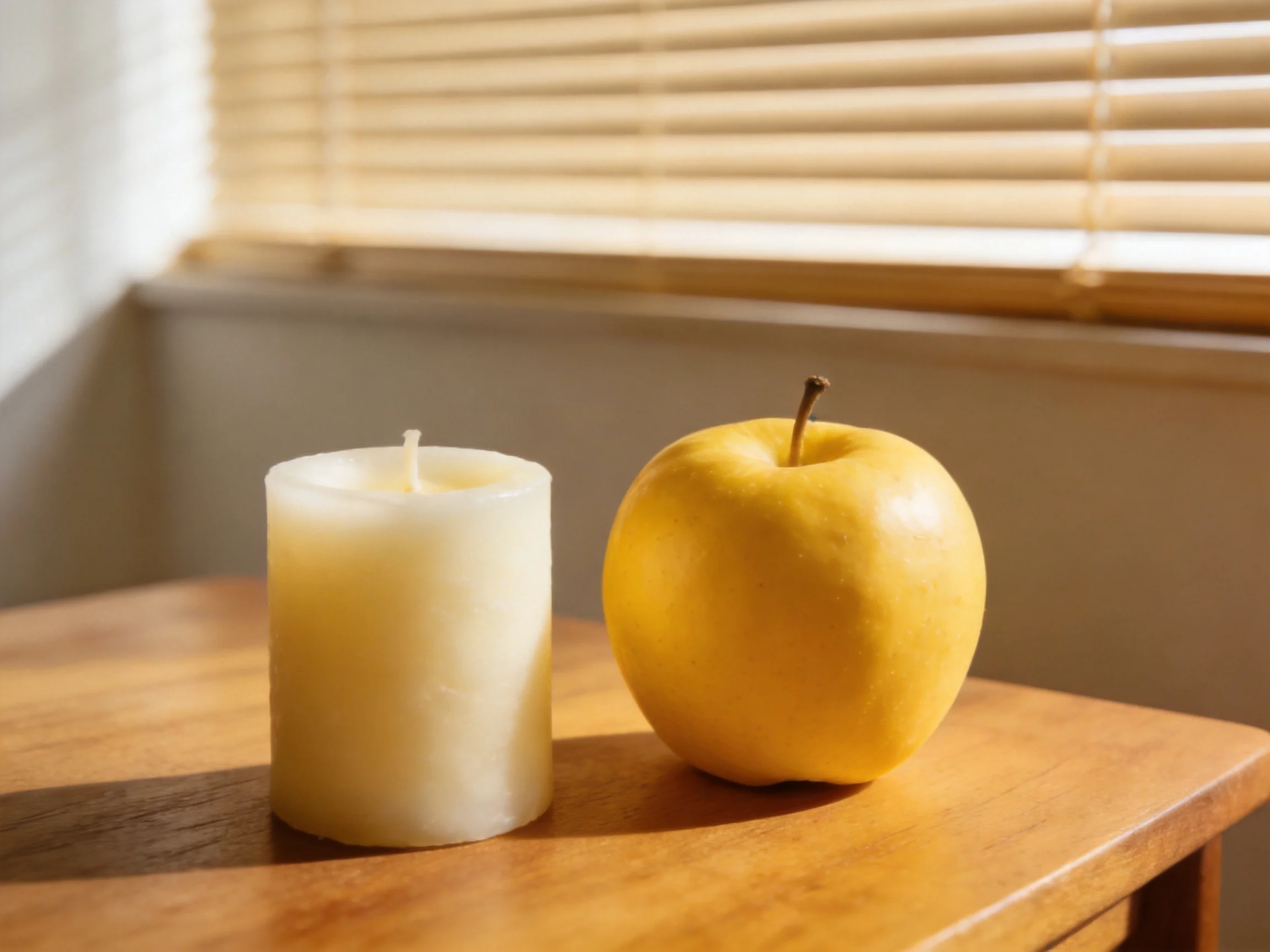 A cream candle and golden apple rest on a wooden table by a window with blinds