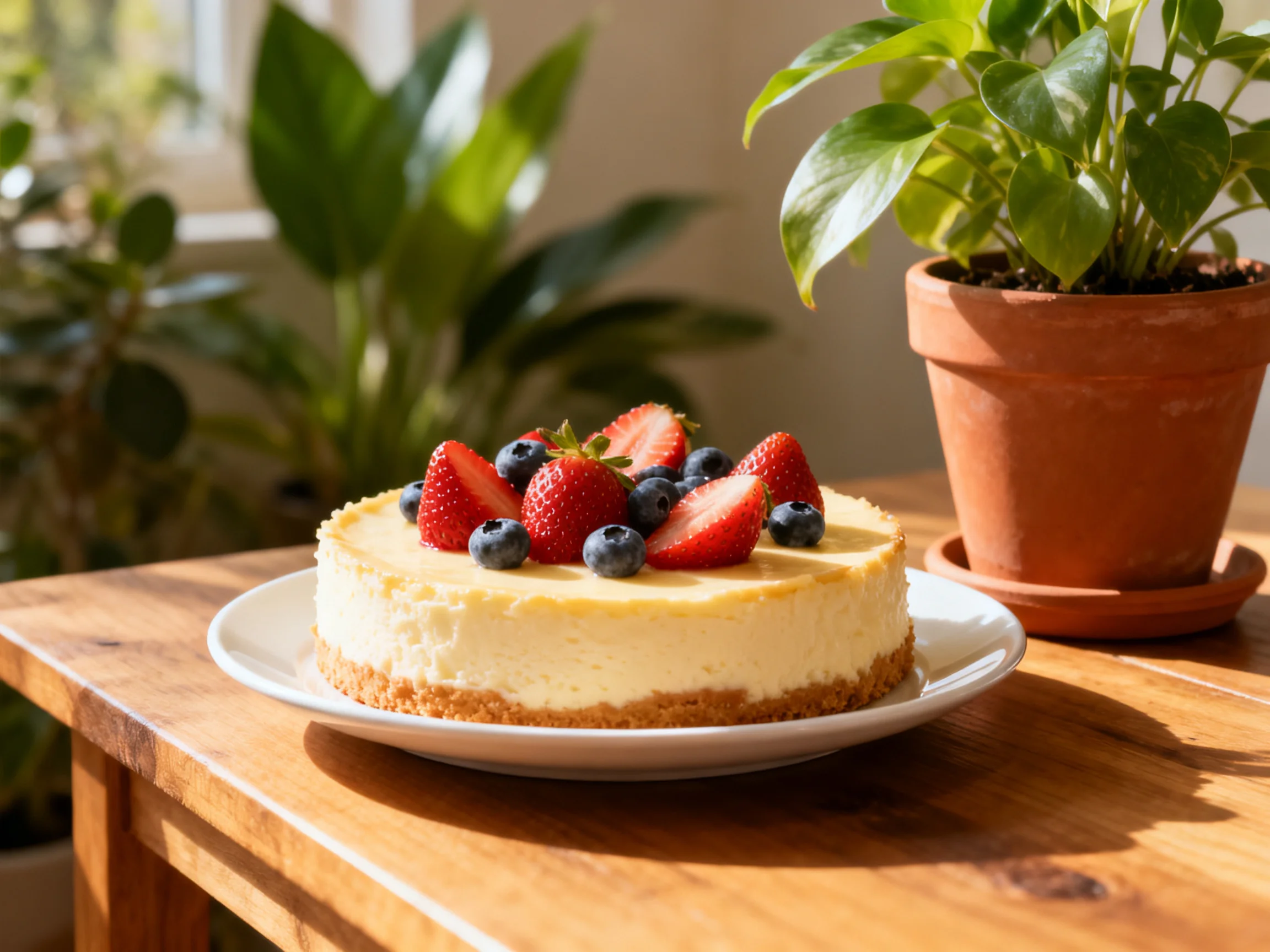 A creamy cheesecake topped with fresh strawberries and blueberries sits on a wooden table near terrac