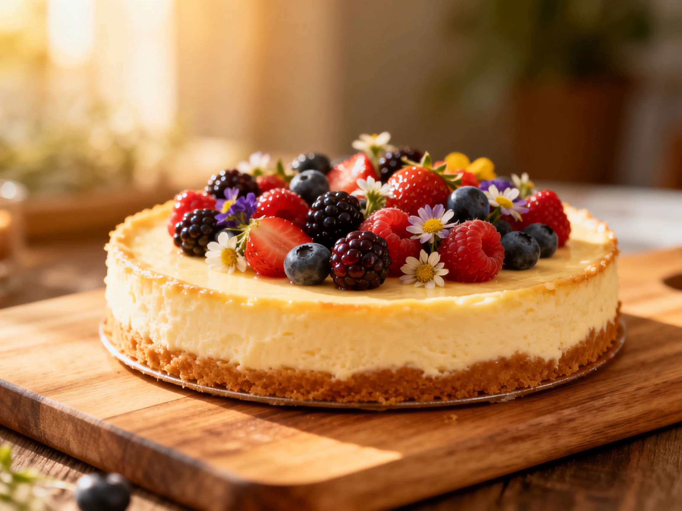 A creamy cheesecake topped with mixed berries and edible flowers