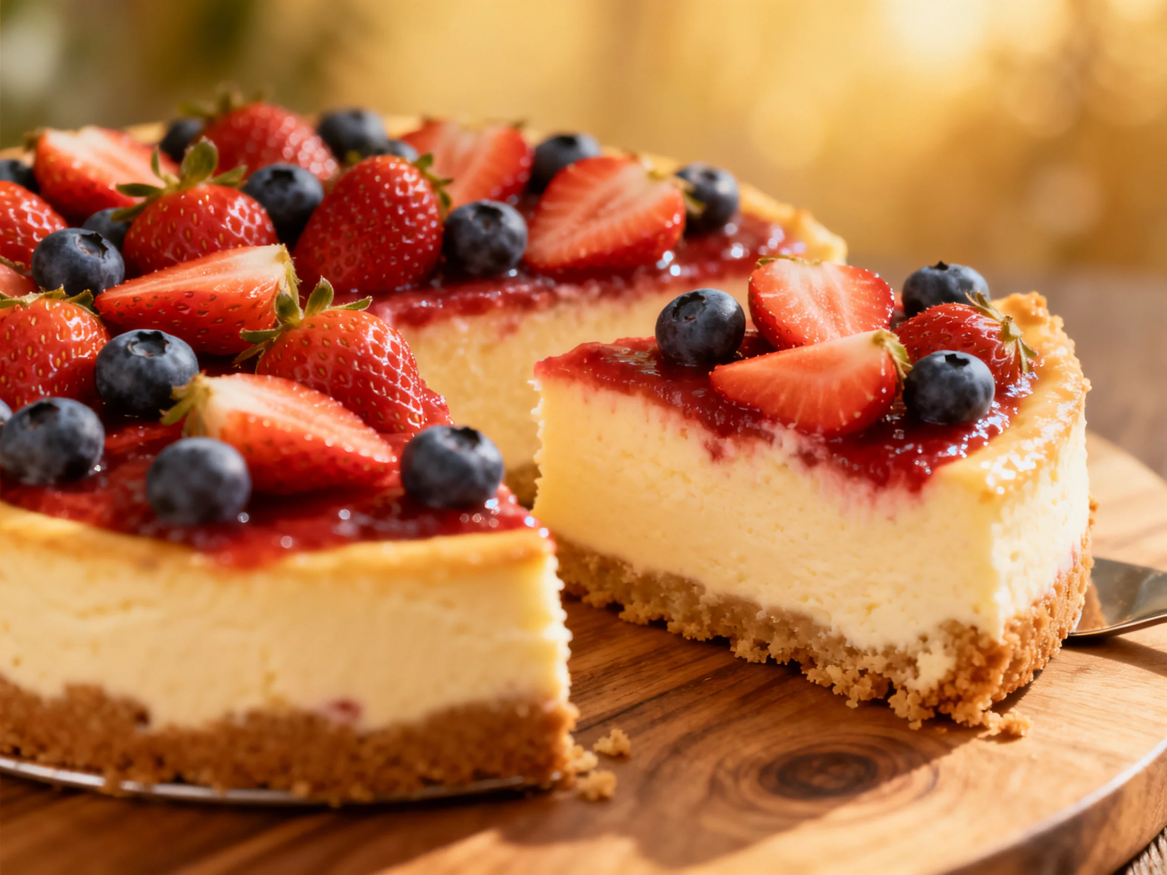 A creamy cheesecake topped with strawberries and blueberries on a wooden platter