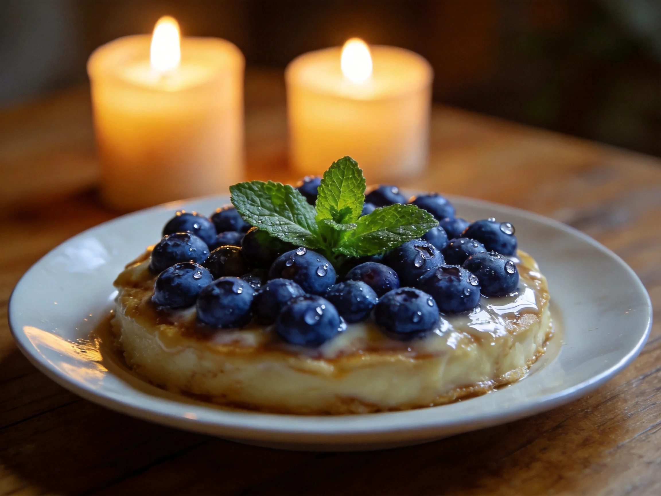 A creamy dessert topped with fresh blueberries and mint, lit by two glowing candles.